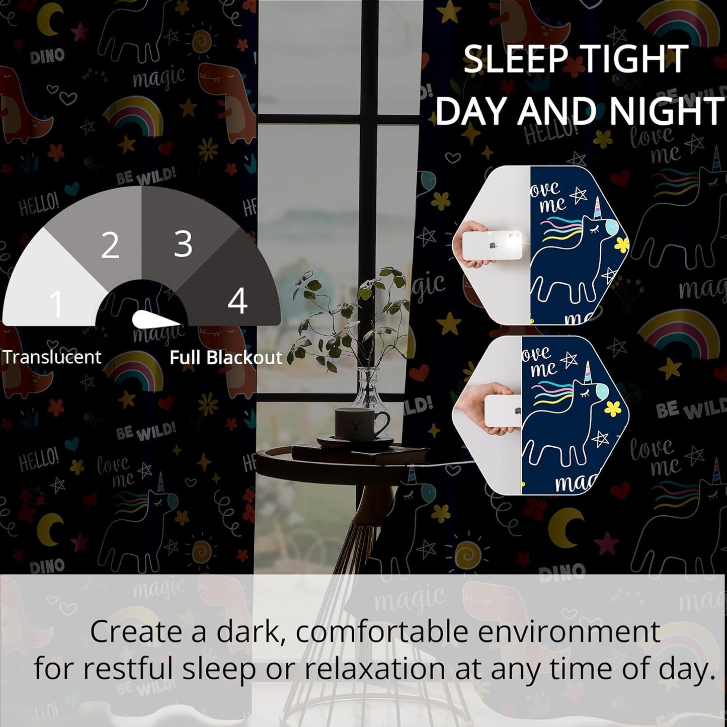 100% Blackout Curtains for Kids - Adorable Dinosaur & Unicorn Pattern, 2Panels, Each W52xL84, Thermal Insulated Noise-Reducing Drapes for Nursery, Bedroom, Playroom - Fun & Colorful Design