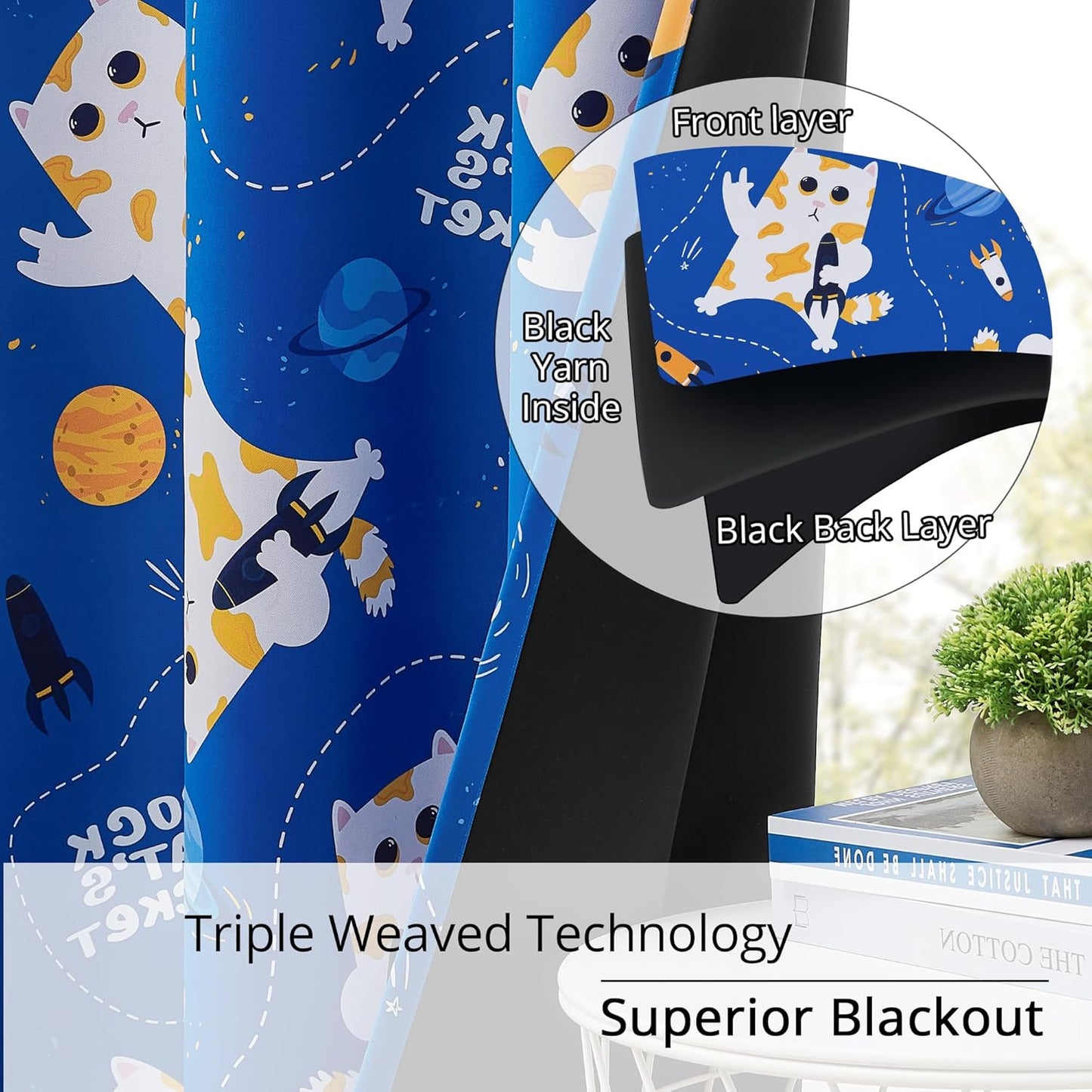 Kids Blackout Curtains - Space Cat Design, 100% Blackout, 2 Panels, Each W52×L63, Thermal Insulated Curtains for Bedroom, Noise Reducing, Combine Functionality with a Fun and Creative Design