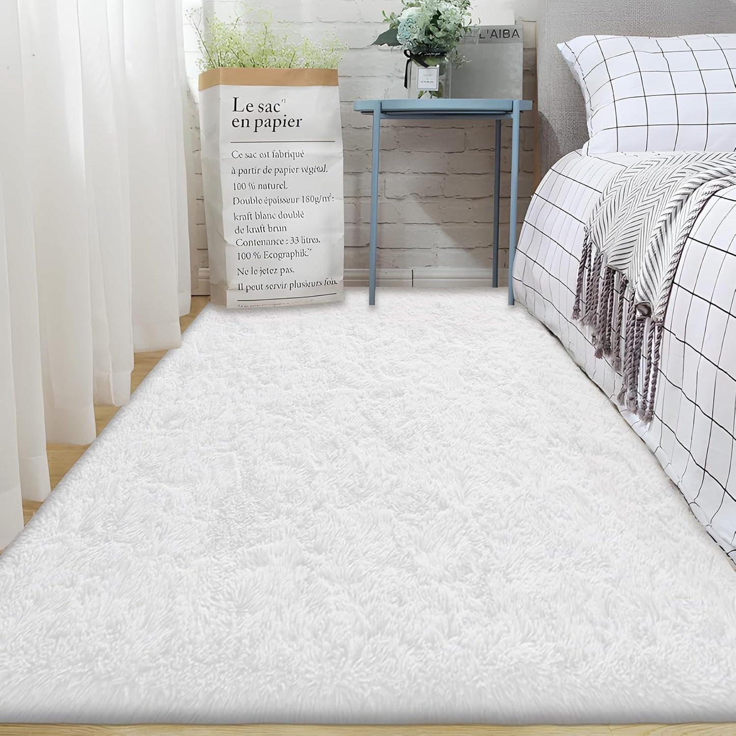 2x6 Runner Rug for Bedroom: Fluffy Shag Soft Washable Rugs Small Fuzzy Plush Indoor Carpet for Hallway Bedside Dorm Kids Girls Boys Room (White, 2'x6')