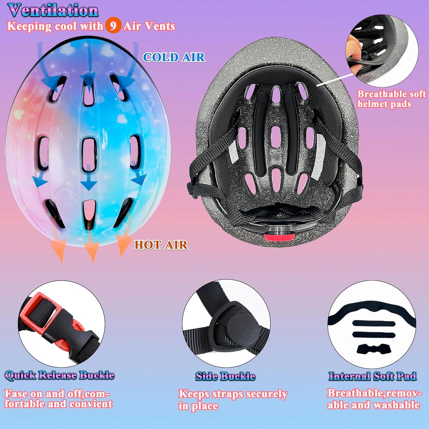 Kids Helmet Adjustable for Kids Ages 3-8 Years Old Boys Girls, Toddler Helmet with Protective Sports Gear Set Knee Elbow Pads Wrist Guards for Cycling Skateboard Scooter