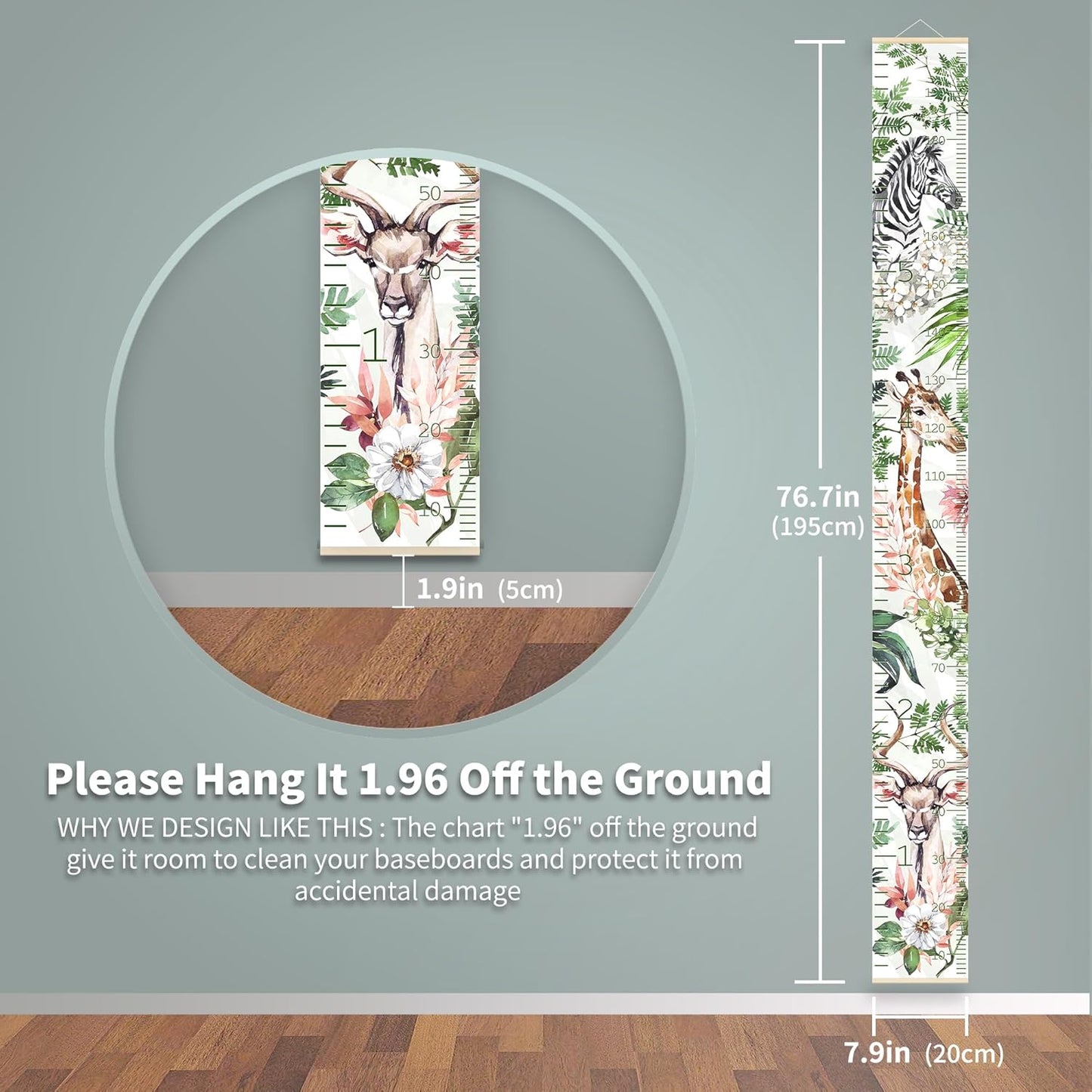 Kids Height Wall Chart Watercolor Flower and Animal Height Measurement for Wall Growing Chart for Childrens Room Decor- Giraffe, Zebra, Antelope Print Growth Chart for Room Décor