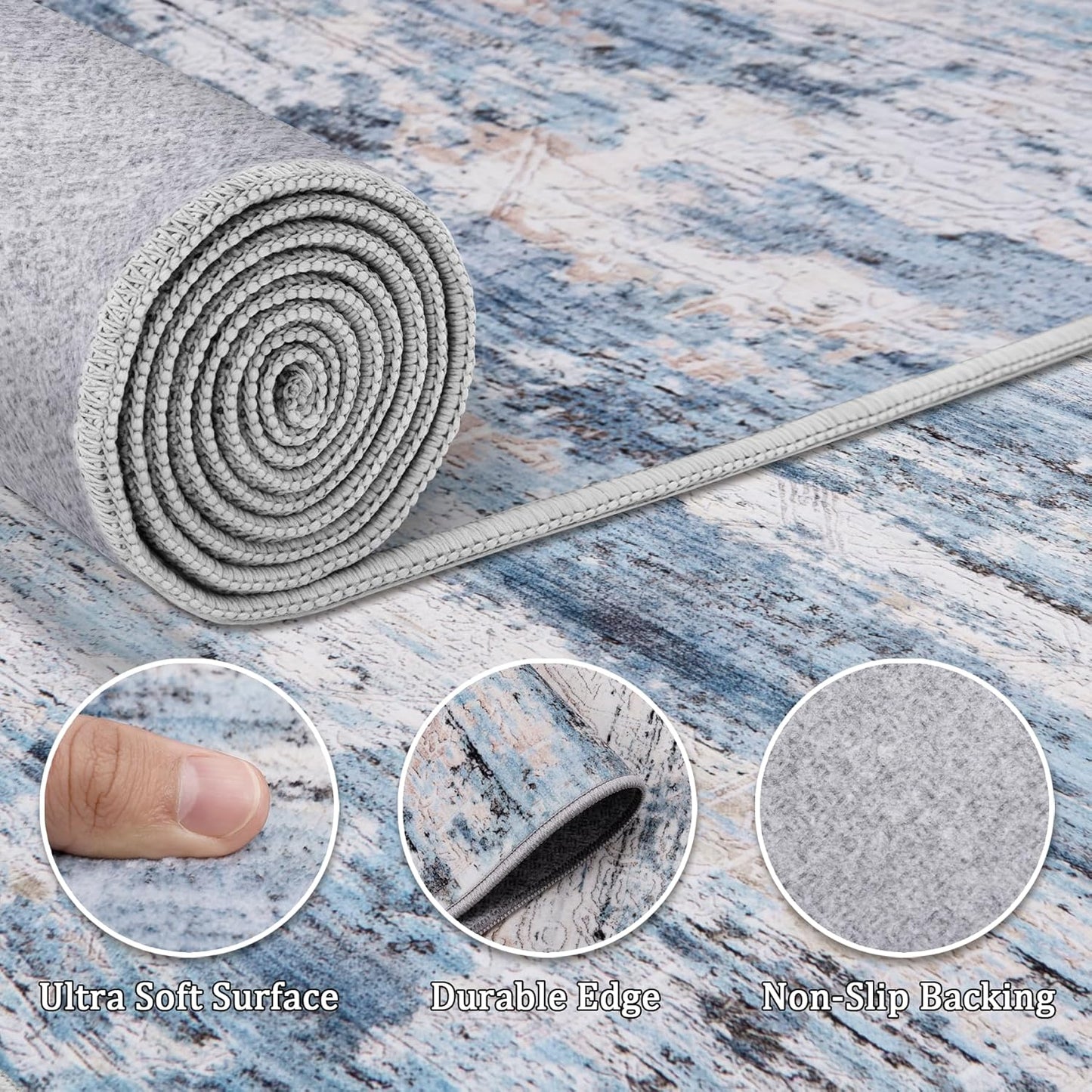 6x9 Area Rug Living Room Rugs - Washable Rug Large Modern Abstract Soft Thin Carpets Indoor Floor No Slip Vintage Carpet for Bedroom Under Dining Table Nursery Home Office Decor Blue