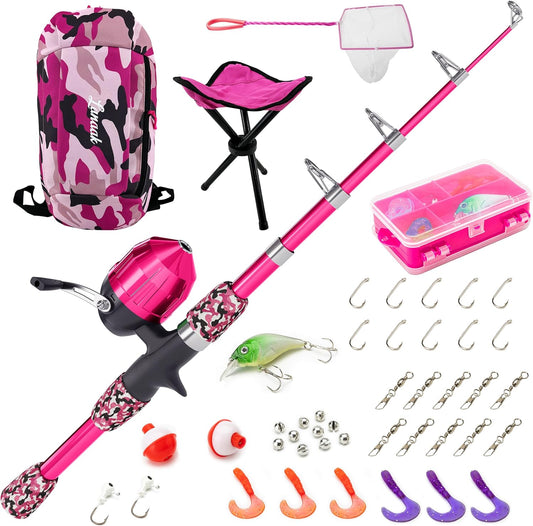 Kids Fishing Pole, Kids Portable Telescopic Fishing Rod Set, Tackle Box and Fishing Net Combo Kit, Kids Fishing Gear for Boys and Girls Age 5-10 and Youth