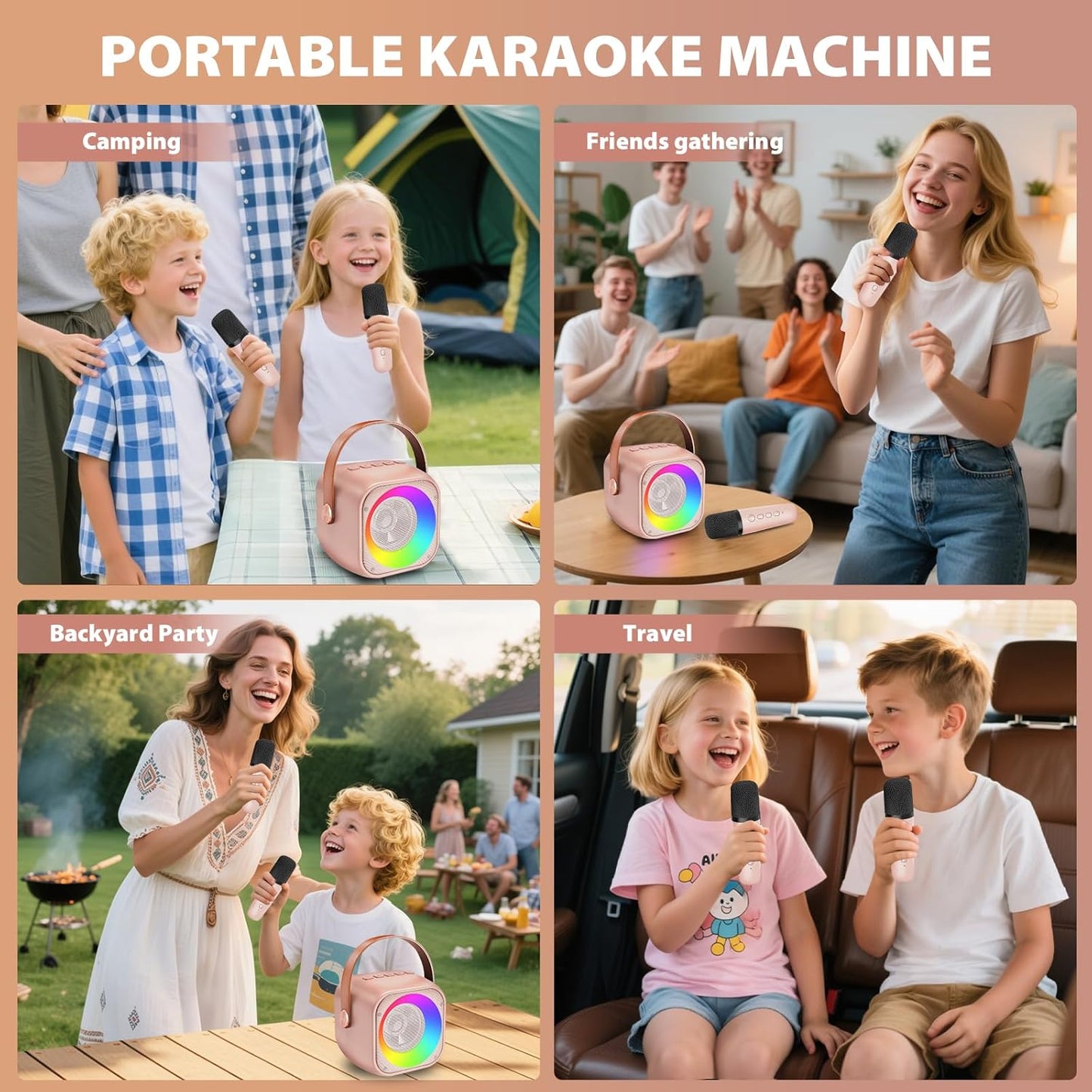 Mini Karaoke Machine for Kids Adults, Portable Bluetooth Speaker with 2 Wireless Microphones, Microphone and Speaker Set with Disco Light for Home Party Christmas Birthday Gift for Girls Boys