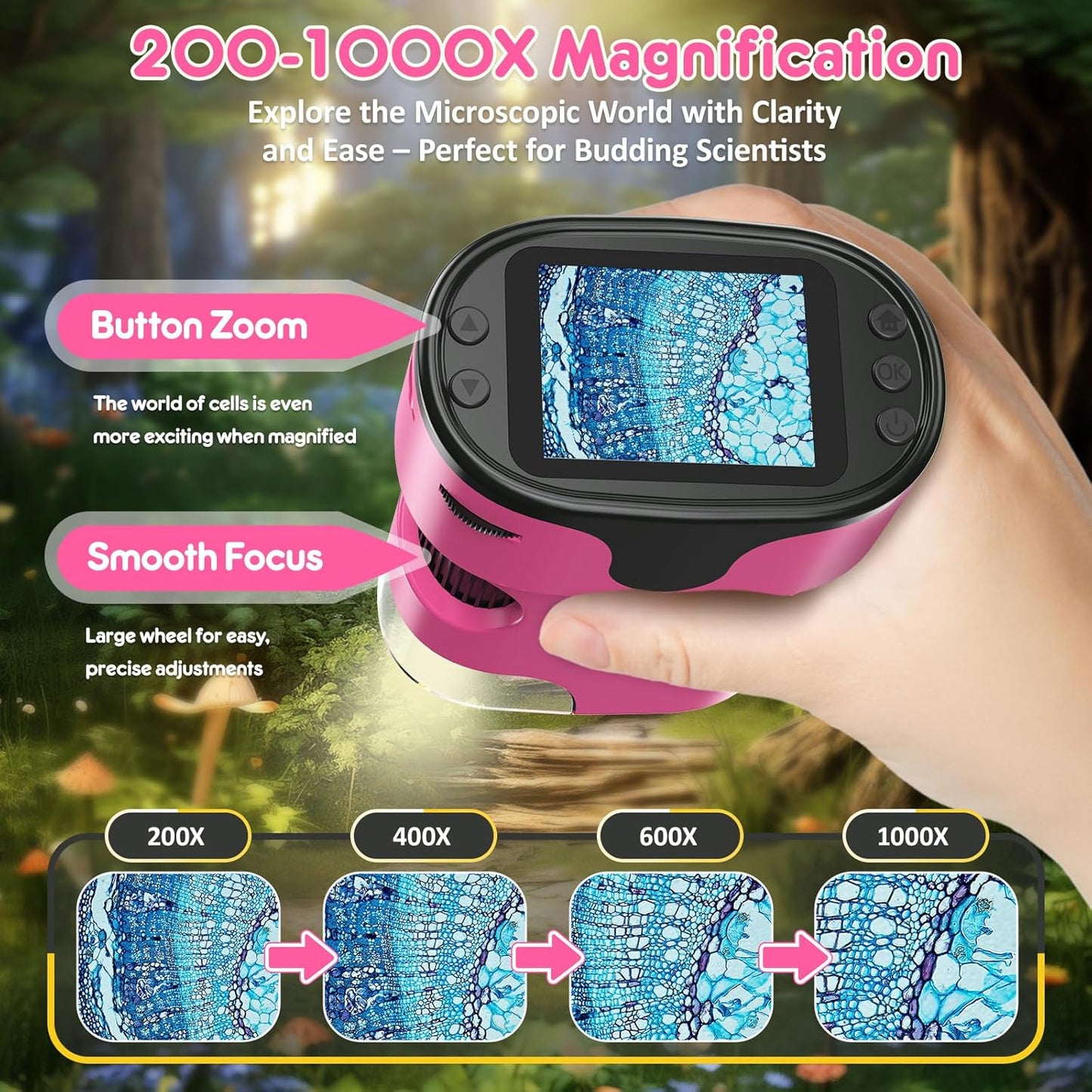 1000X Handheld Microscope for Kids 4K 2.0" Screen Rechargeable Mini Pocket Digital Microscopes w/Slides Kit Portable Edu Gift Age 4-6 8-12 Children Students (Pink)