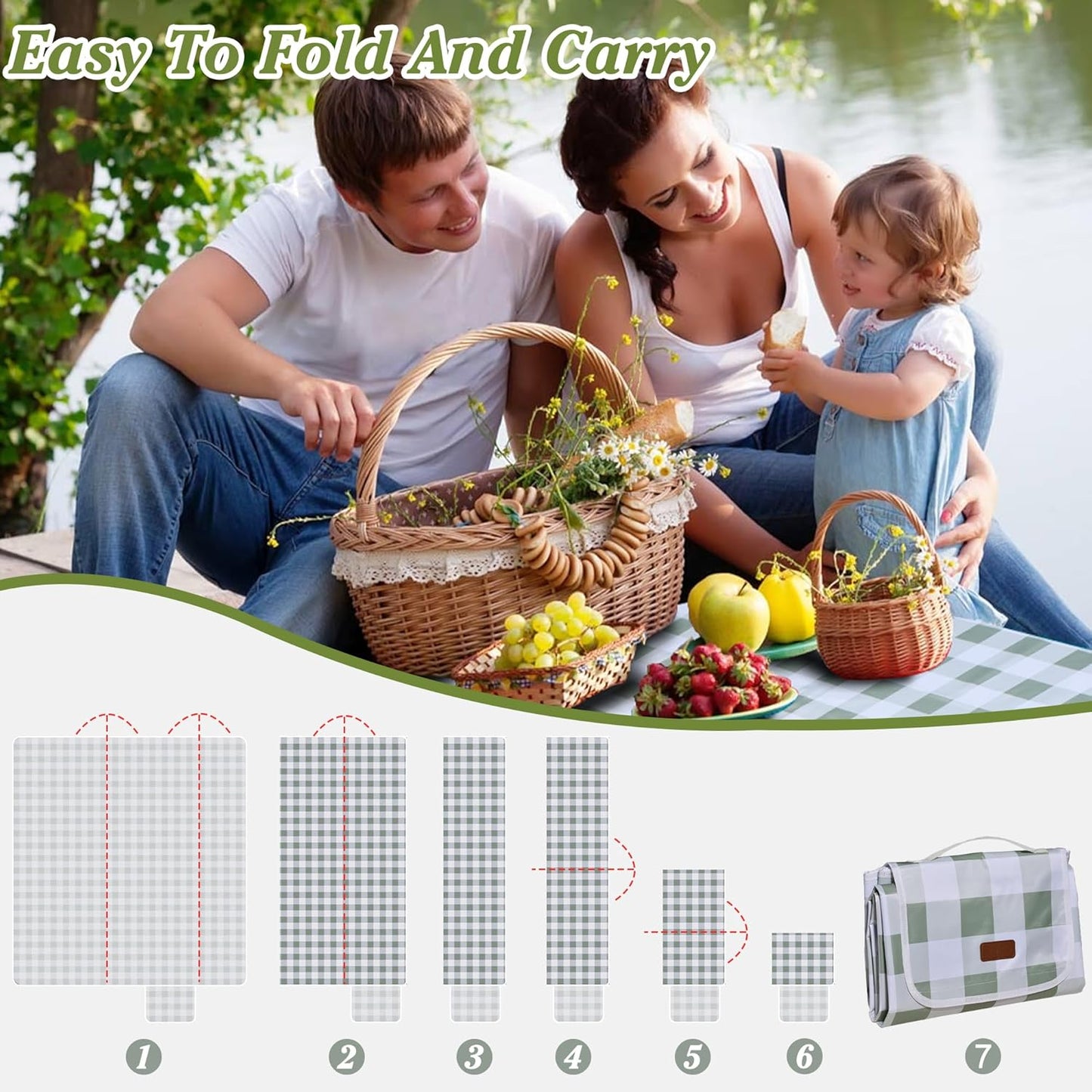 80"x60" Waterproof Sandproof Picnic Mat - Portable Foldable Outdoor Blanket for Beach, Park, Travel & Indoor Use - Lightweight Compact Design, Easy-Carry (Green&White)