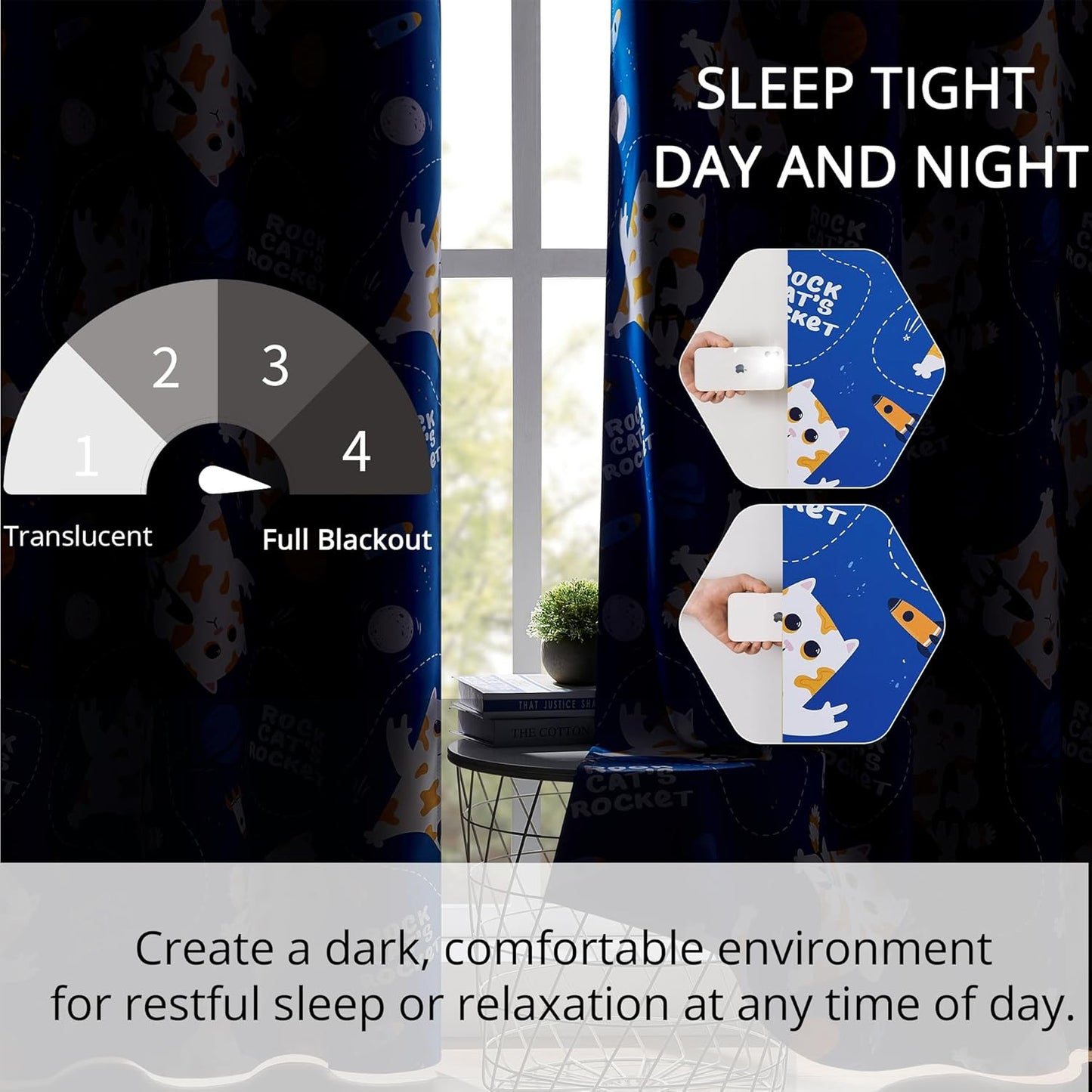 Kids Blackout Curtains - Space Cat Design, 100% Blackout, 2 Panels, Each W52×L63, Thermal Insulated Curtains for Bedroom, Noise Reducing, Combine Functionality with a Fun and Creative Design