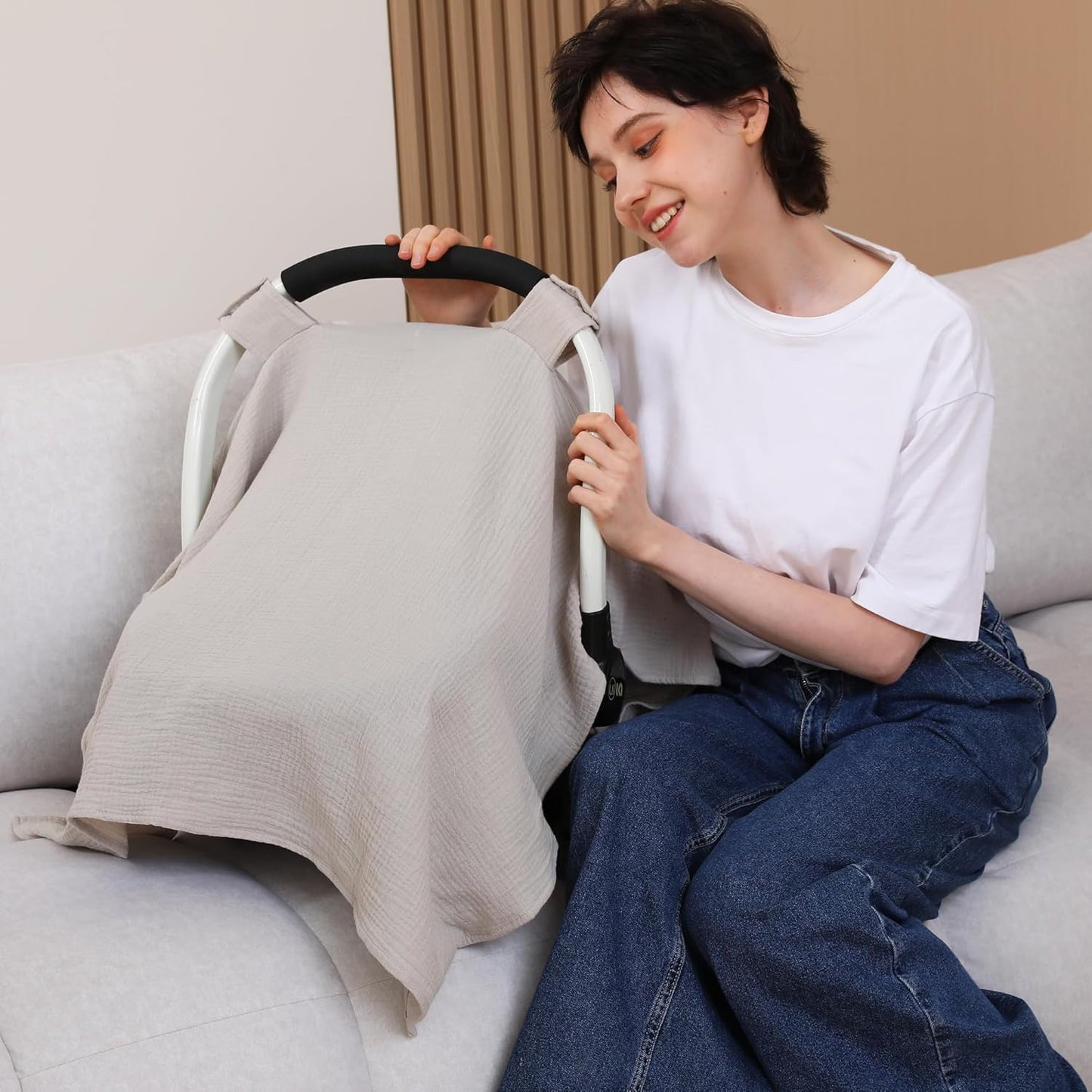 100% Muslin Cotton Car Seat Cover Baby, Carseat Canopy Cover, Universal Fit Stroller Covers for Boys and Girls (Summer Wheat)