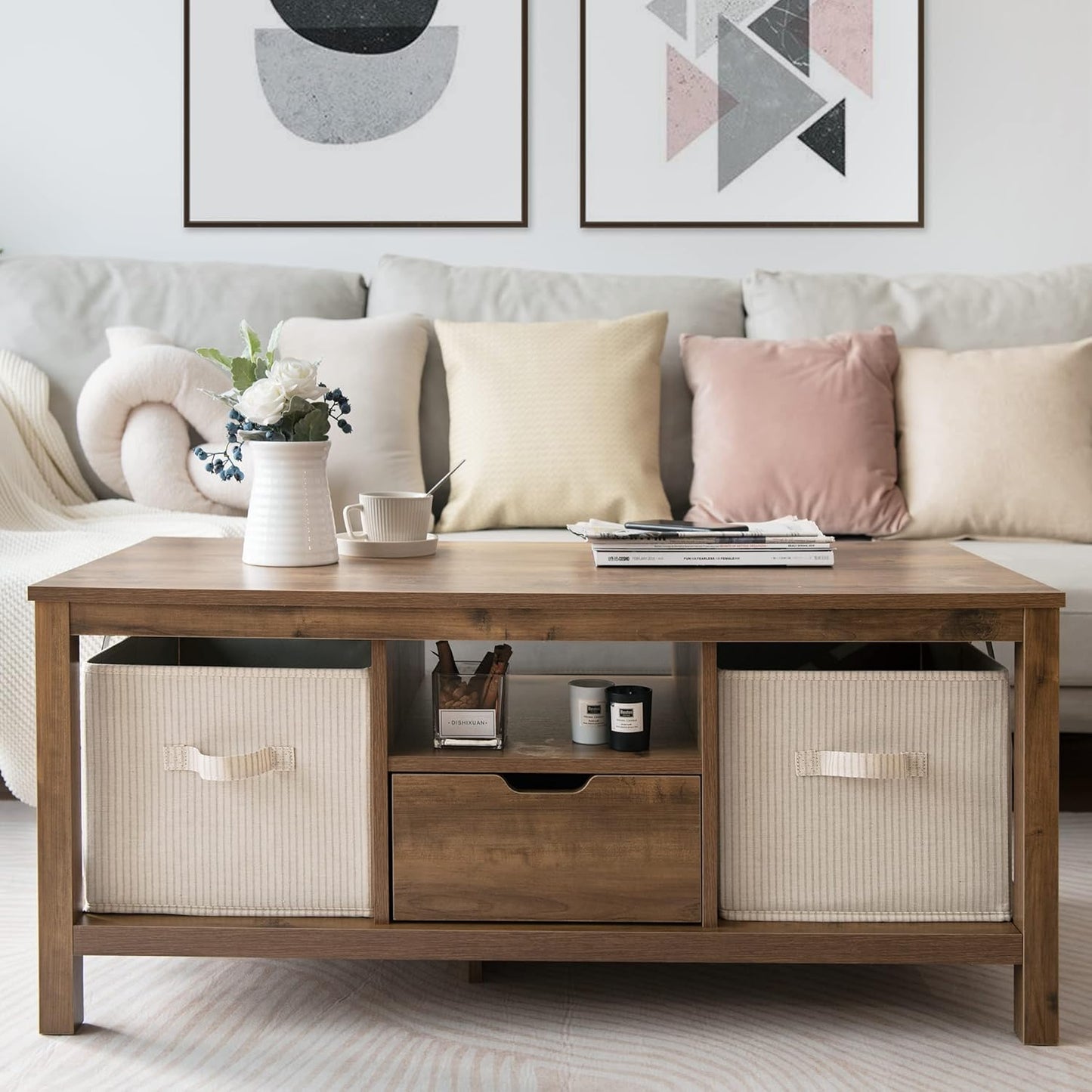 StorageWorks Storage Baskets for Shelves, Foldable Fabric Closet Storage Bins with Handles, Fabric Storage Bins Clothes Organizer, Beige Stripes, 3-Pack, Extra Large