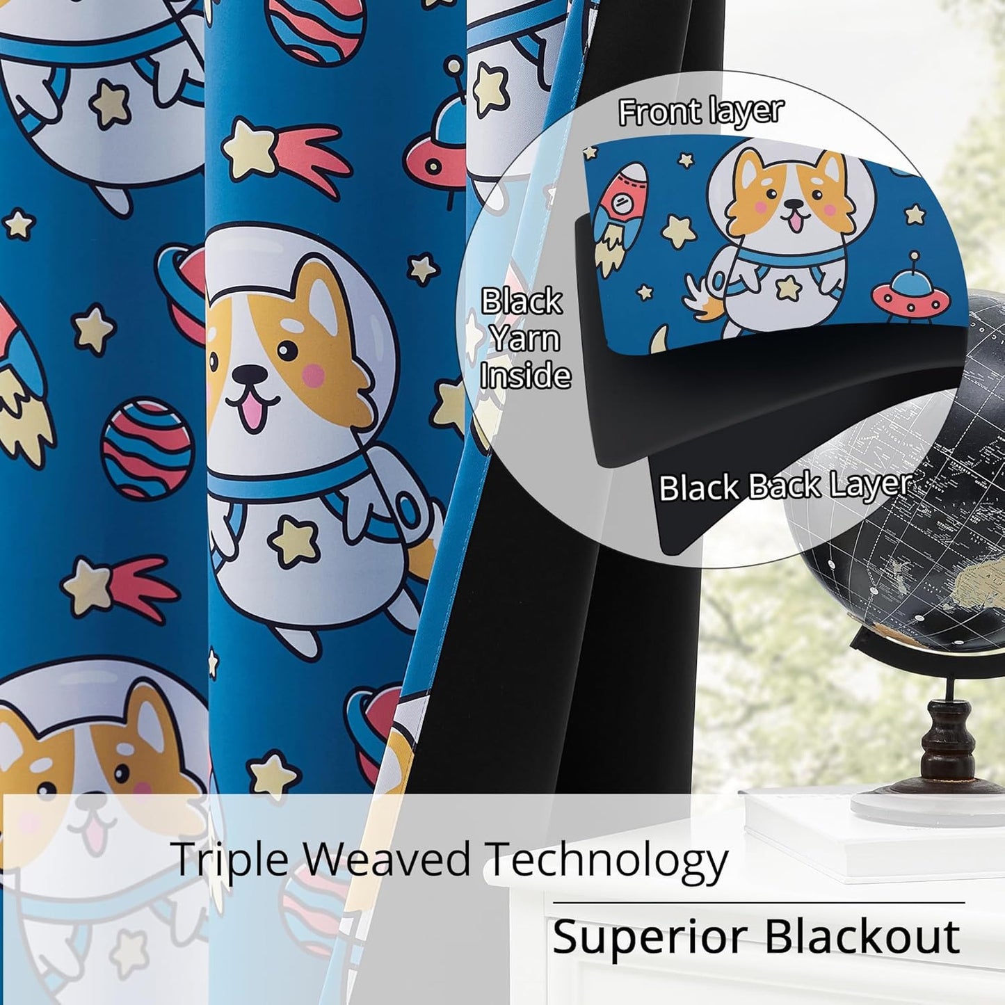 Kids Blackout Curtains - Space Dog Design, 100% Blackout, 2 Panels, Each W52×L84, Thermal Insulated, Noise Reducing & Energy Efficient for Kids Bedroom, Turn your child’s room into a fun adventure