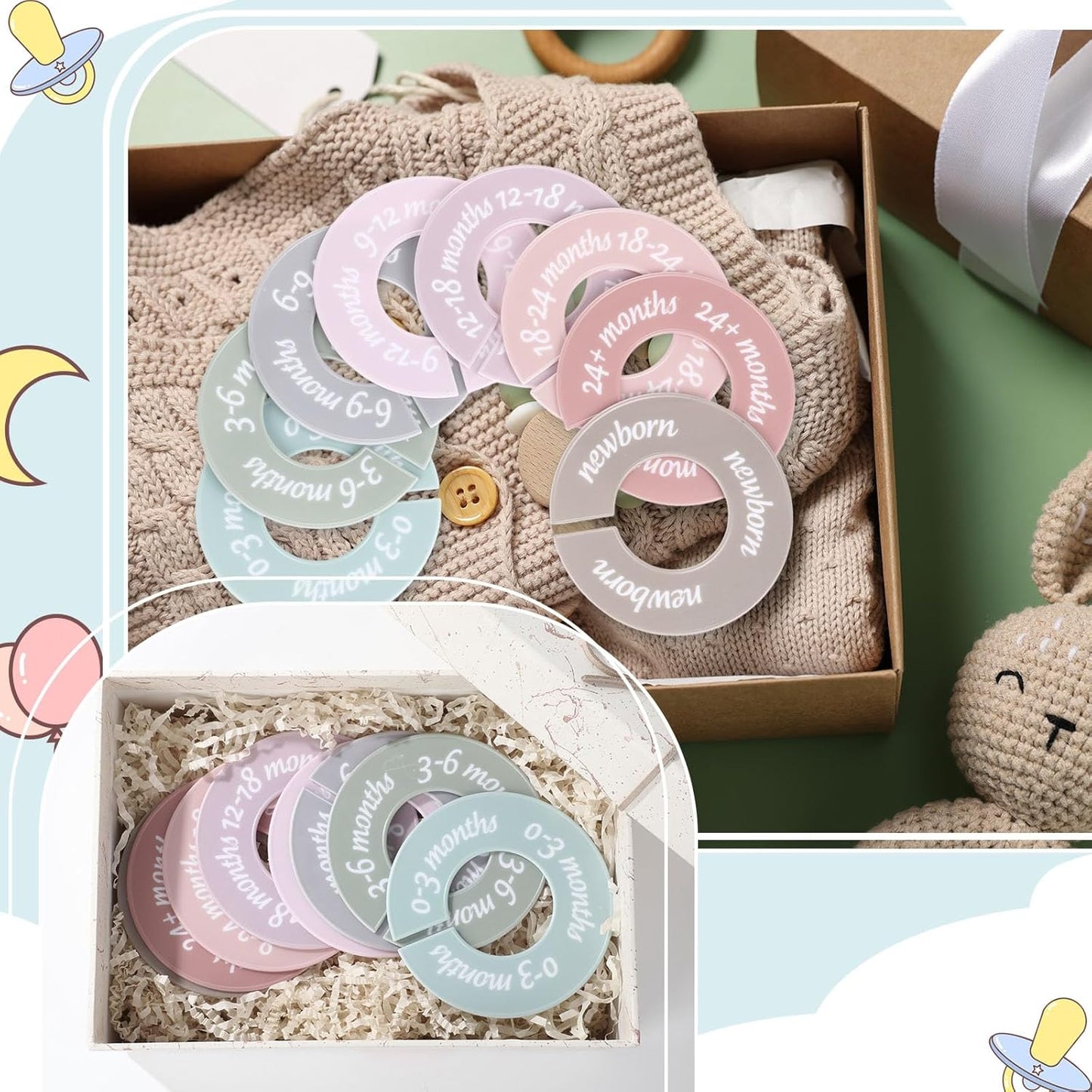 8 Pcs Baby Closet Dividers Unisex Baby Clothes Organizers Clear Labels for Nursery Closet Organizer & Decor Nursery Fits Most Rods (Retro,Bright Color)