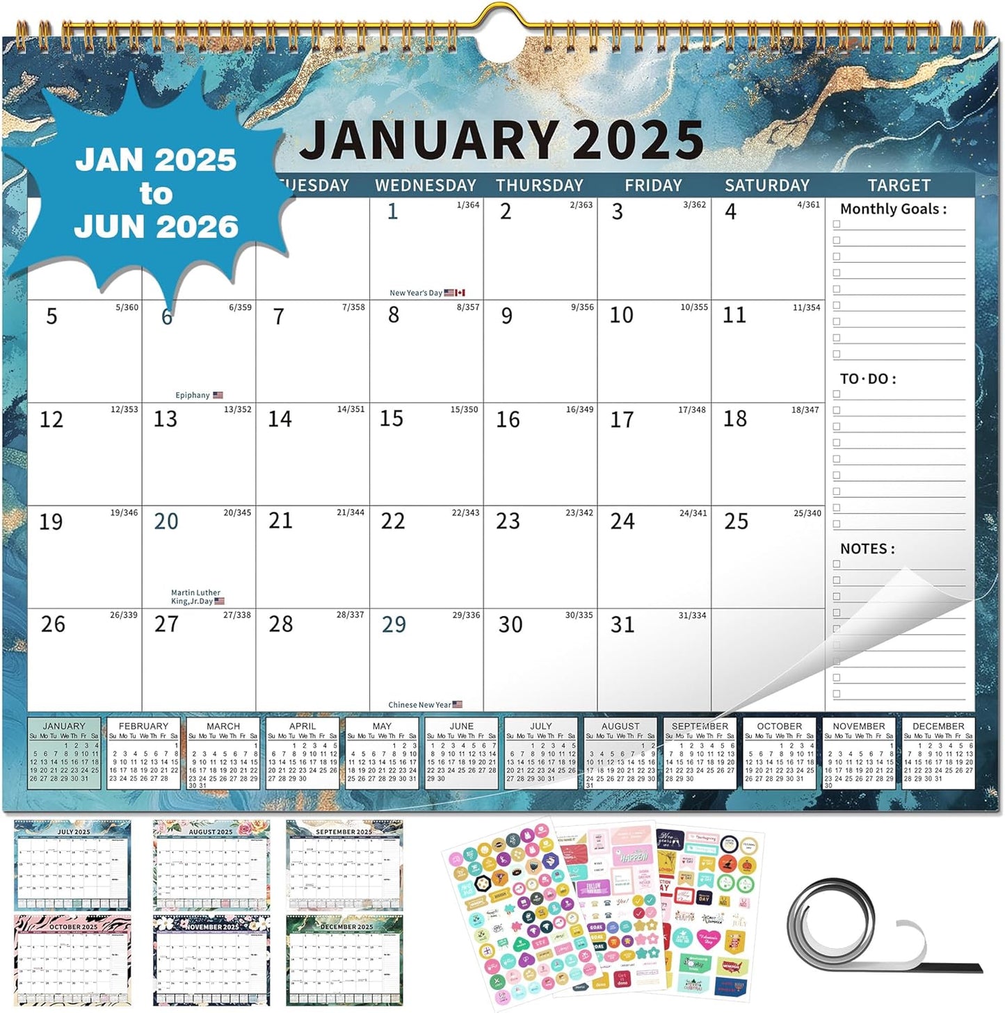 2025 Calendar, Wall Calendar 2025-2026 Planner Hanging Spiral Bound Magnetic Fridge Calendars 15" x 12", Use Jan 2025 - Jun 2026