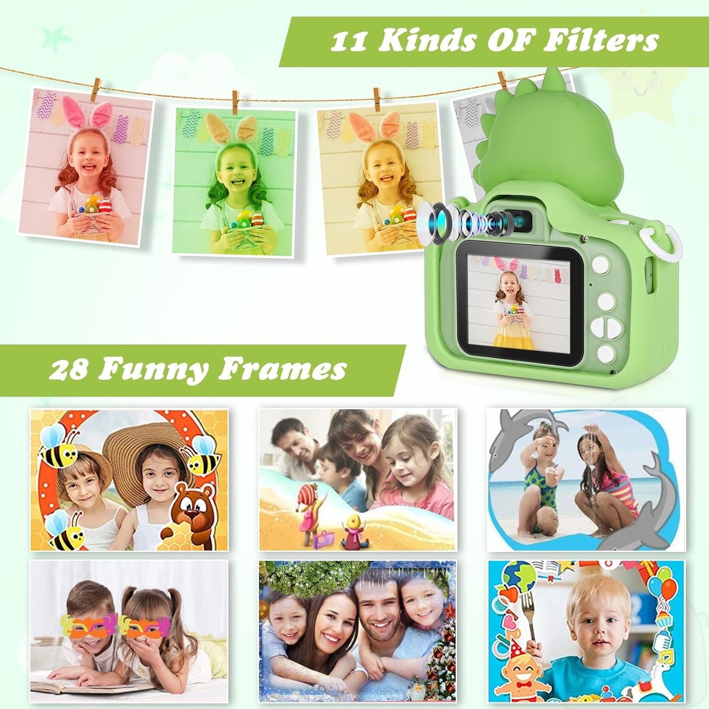 Kids Camera,HD Digital Video Camera,Childrens Toys for 3 4 5 6 7 8 9 Year Old Boys/Girls,Selfie Camera for Kids,Christmas Birthday Gifts with 32GB SD Card (Dinosaur Green)