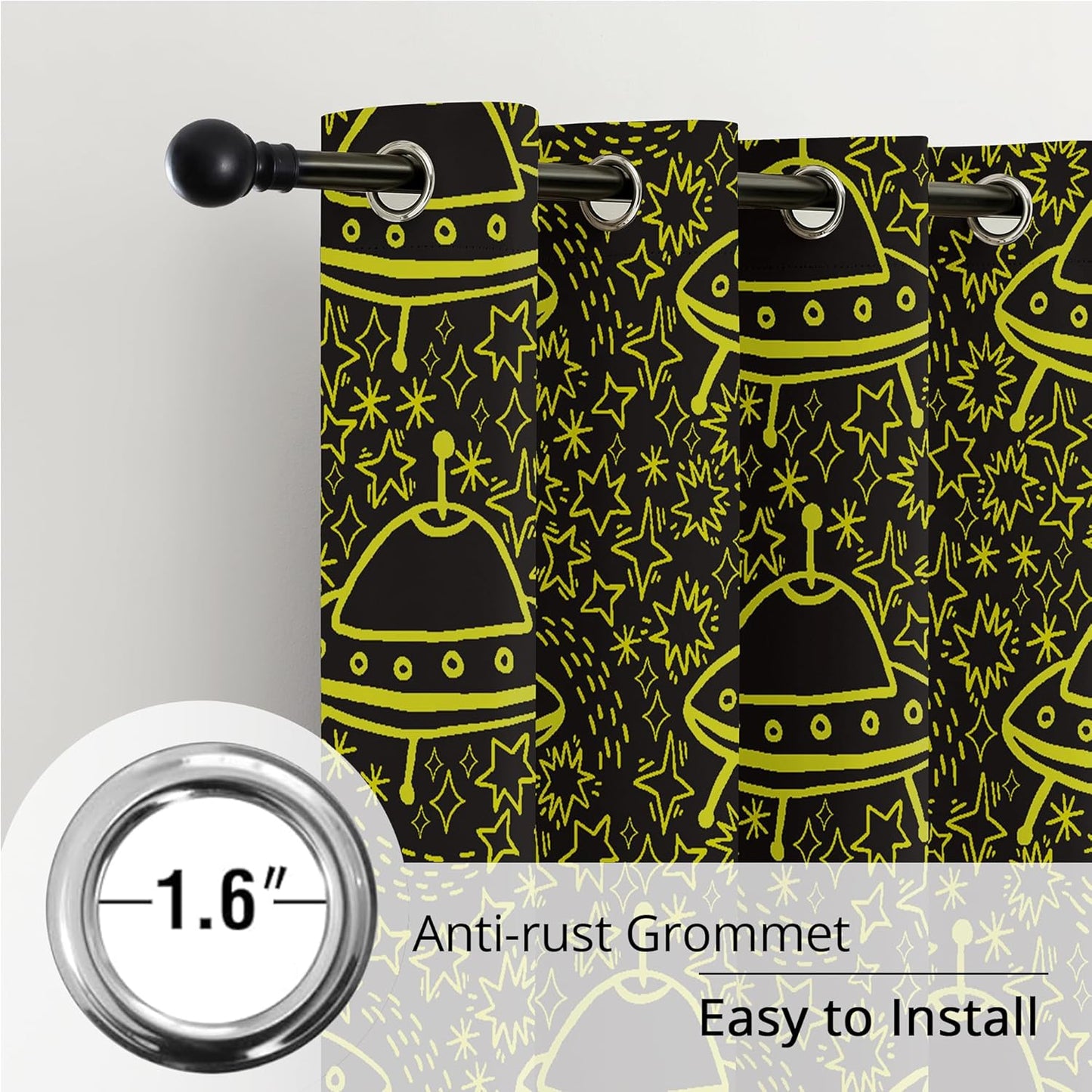 Kids Space Blackout Curtains - 100% Blackout, Thermal Insulated, Noise Reducing, UFO Design, Perfect for Kids Room and Nersury, 2 Panels (Neon UFO Night, W52×L84)