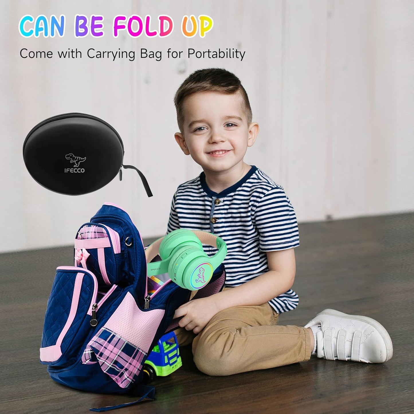 IFECCO Kids Wireless Headphones with Microphone,Cute Light Up Dinosaur Children Boys Girls Bluetooth Headphones with Case for School Travel Gifts