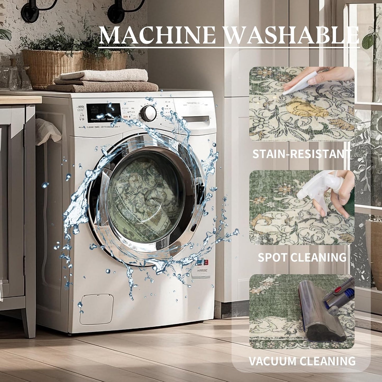 8x10 Area Rugs Washable: Oriental Soft Area Rug for Living Room Bedroom No Shedding - Low Pile Thin Carpet Rug for Dining Room Non Slip - Boho Vintage Rug for Home Decor - Olive Green