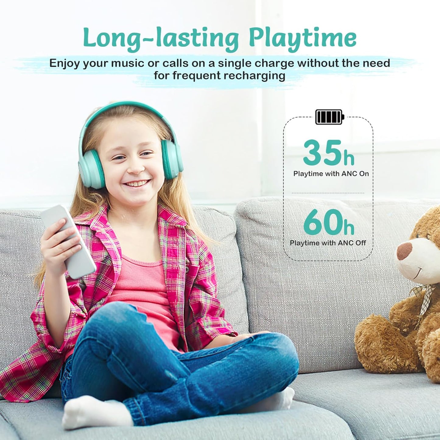 Active Noise Cancelling Headphones for Kids, 60H Playtime, Wireless Bluetooth Over-Ear Headset Built-in Microphone for Home/School/Travel/Party - Includes Portable Case
