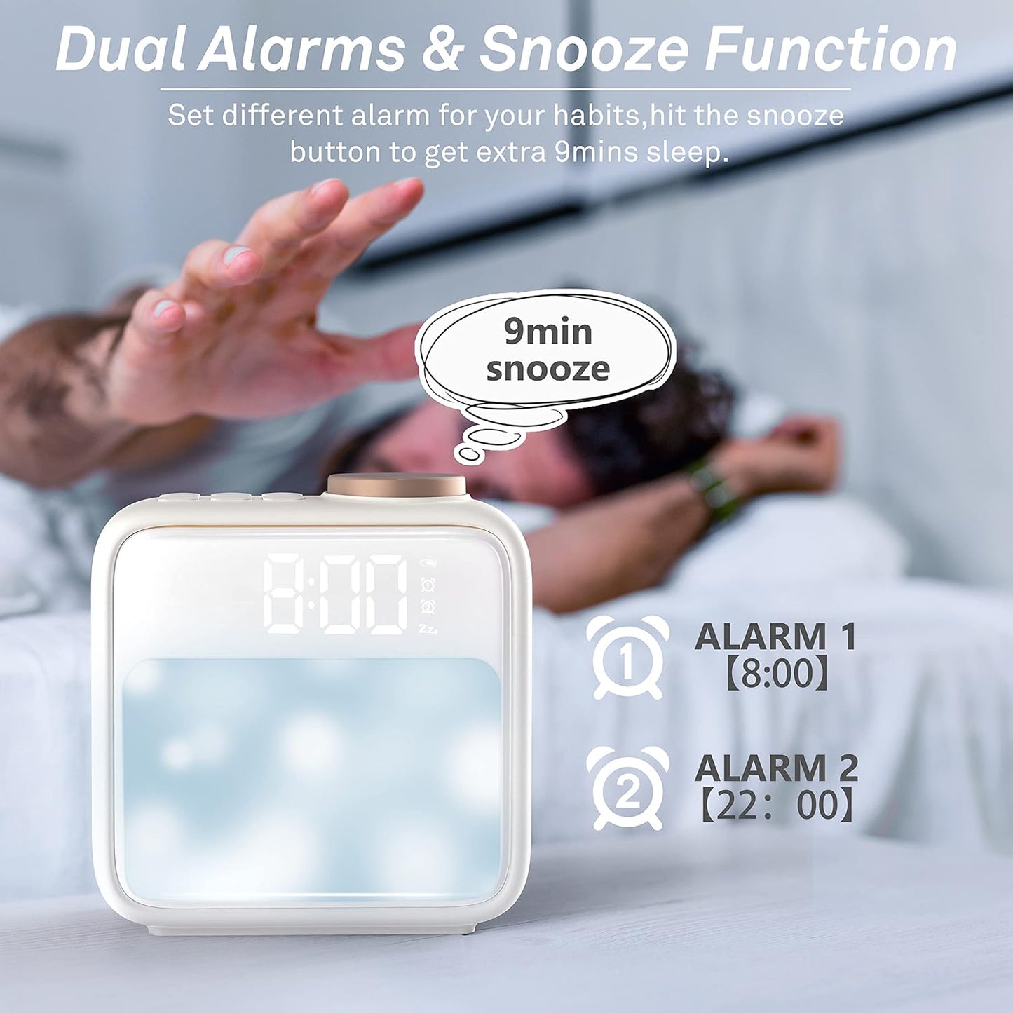 AIRIVO Alarm Clock Night Lights, Built-in Battery Alarm Clock for Bedrooms, 6 Scenes & White Noise Sync, Dual Alarms & Snooze, for Heavy Sleepers, Gifts for Kids Teens