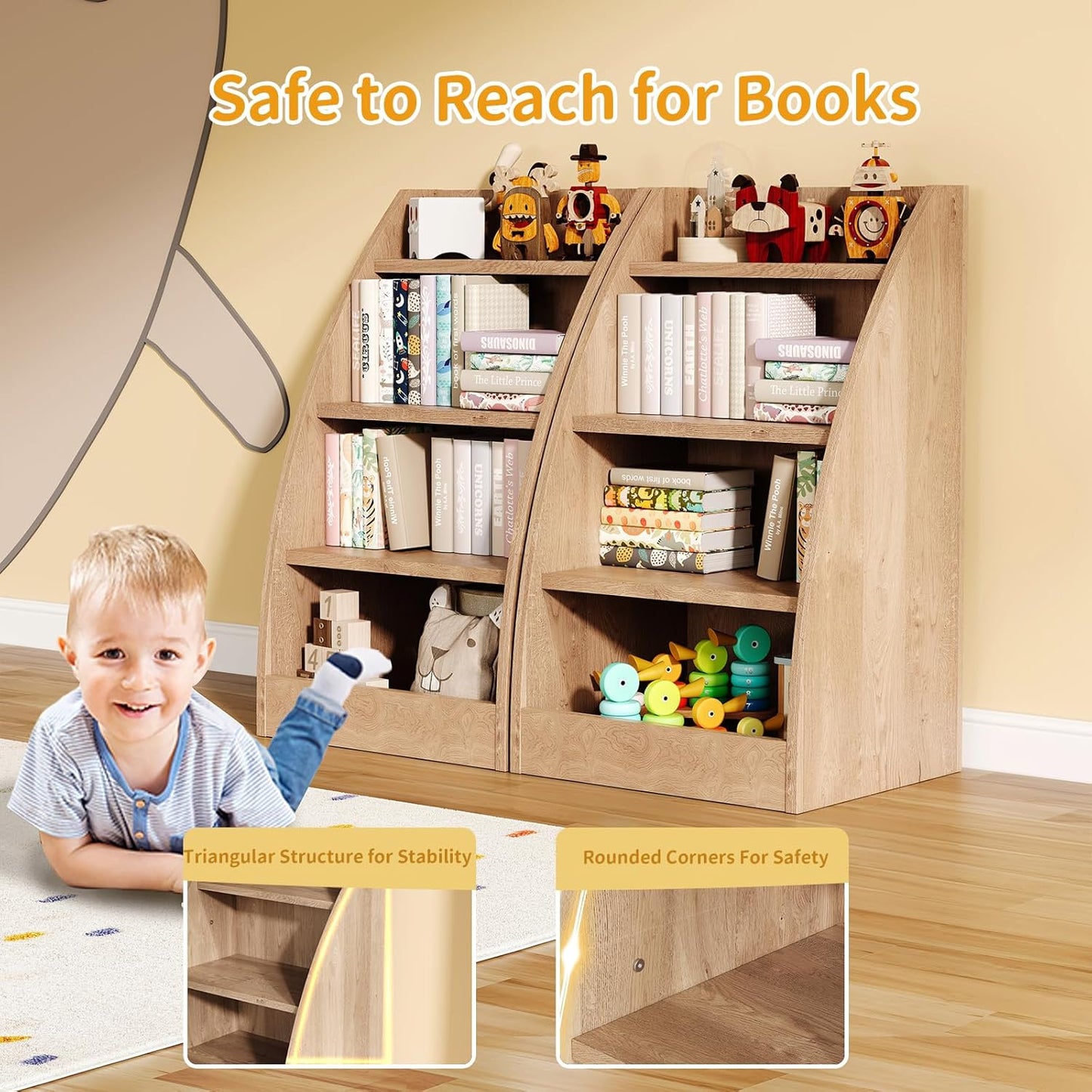 Kids Bookshelf,4 Tier Kids Book Shelf for Kids Rooms,Wood Children Bookcase,Baby Storage Book Rack,Toddler Bookshelf, Book and Toy Organizer,Book Display Shelf for Bedroom, Playroom, Nursery