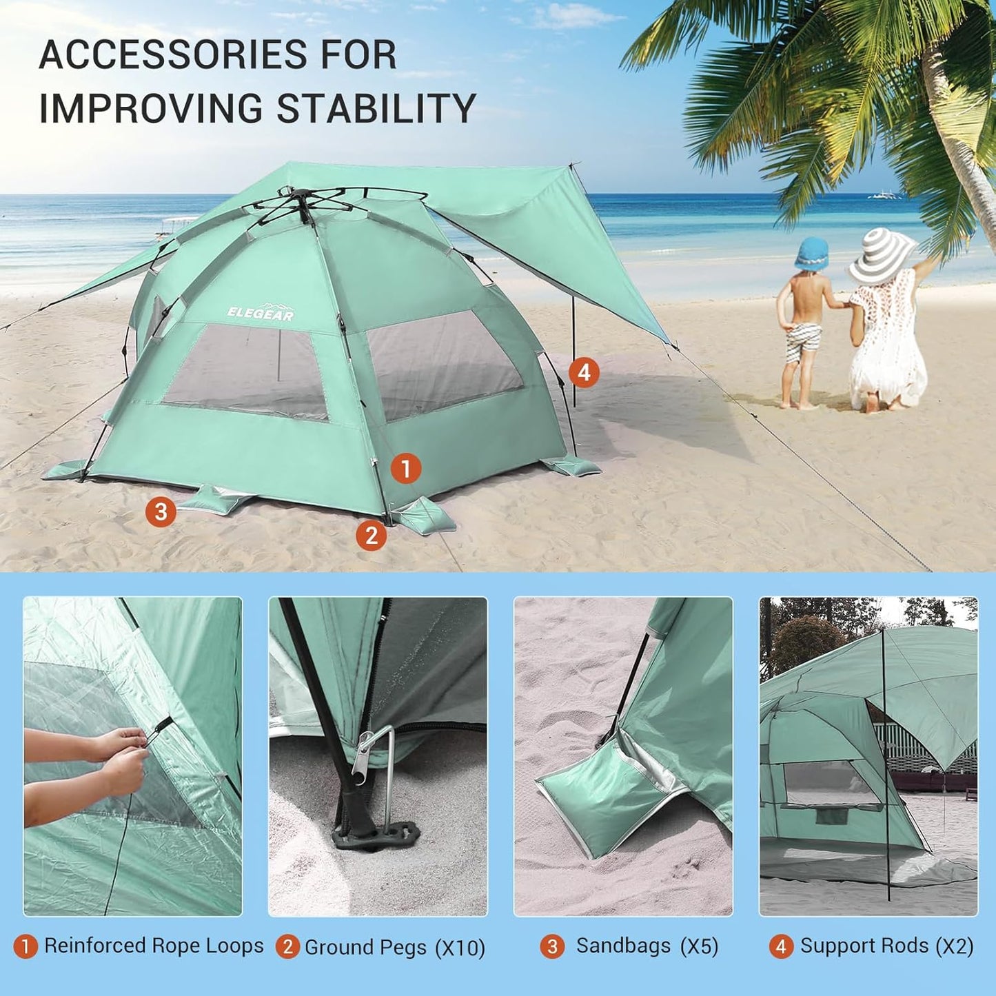 Elegear Beach Tent with Canopy, 1-Second Setup Pop Up Sun Shelter Shade, UPF 50+ UV Protection Silver-Coated Lightweight Portable Beach Cabana