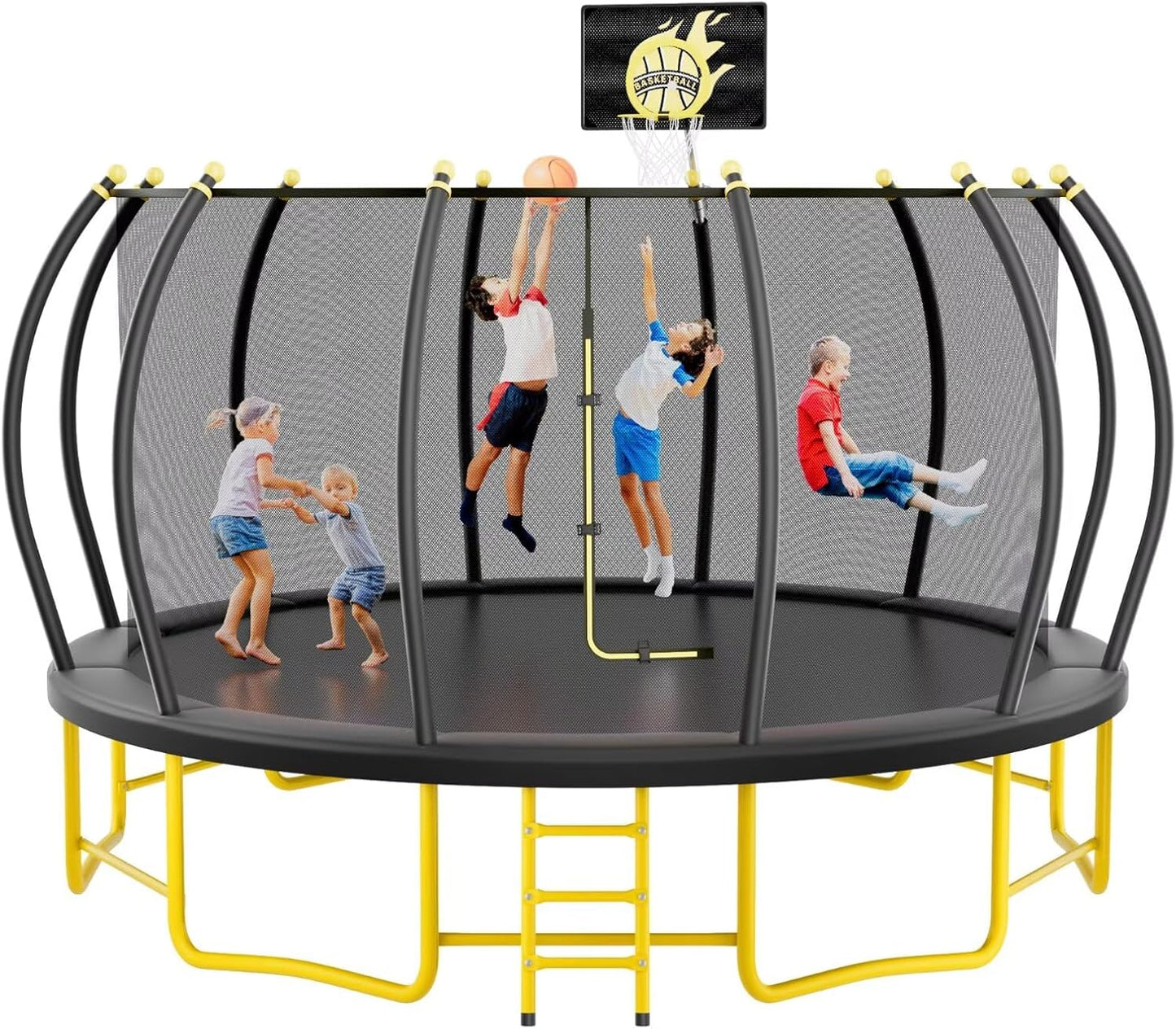 10FT 12FT 14FT 16FT Pumpkin Trampoline for Kids Adults, ASTM Approved Outdoor Recreational Trampoline with Basketball Hoop, Enclosure Net, Yellow