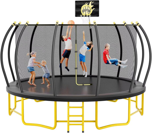 10FT 12FT 14FT 16FT Pumpkin Trampoline for Kids Adults, ASTM Approved Outdoor Recreational Trampoline with Basketball Hoop, Enclosure Net, Yellow
