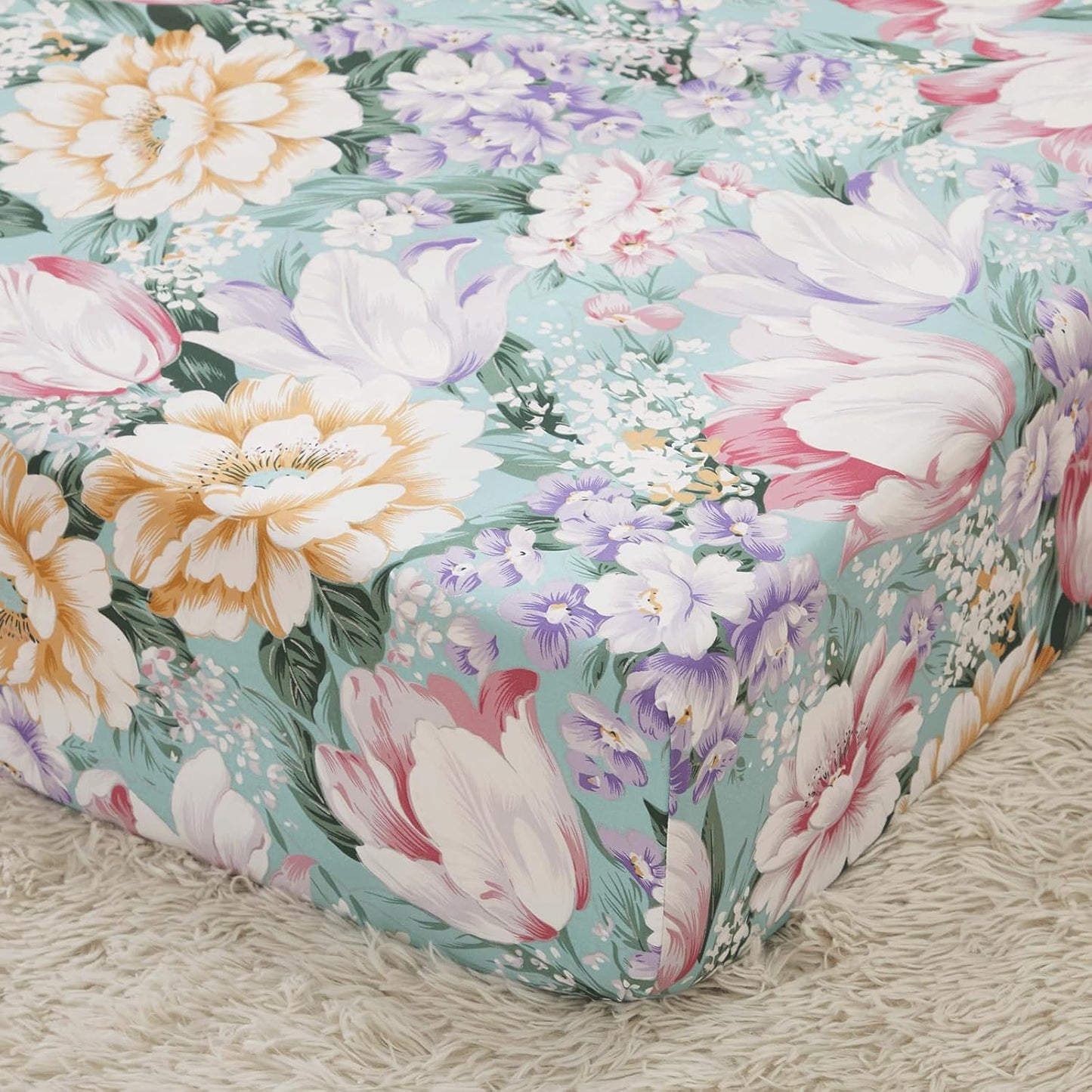 Brandream Crib Bedding Sets for Girls Garden Floral Nursery Set 3-Piece | Ruffled Baby Comforter, Crib Sheet and Tulle Lace Crib Bed Skirt, Green White