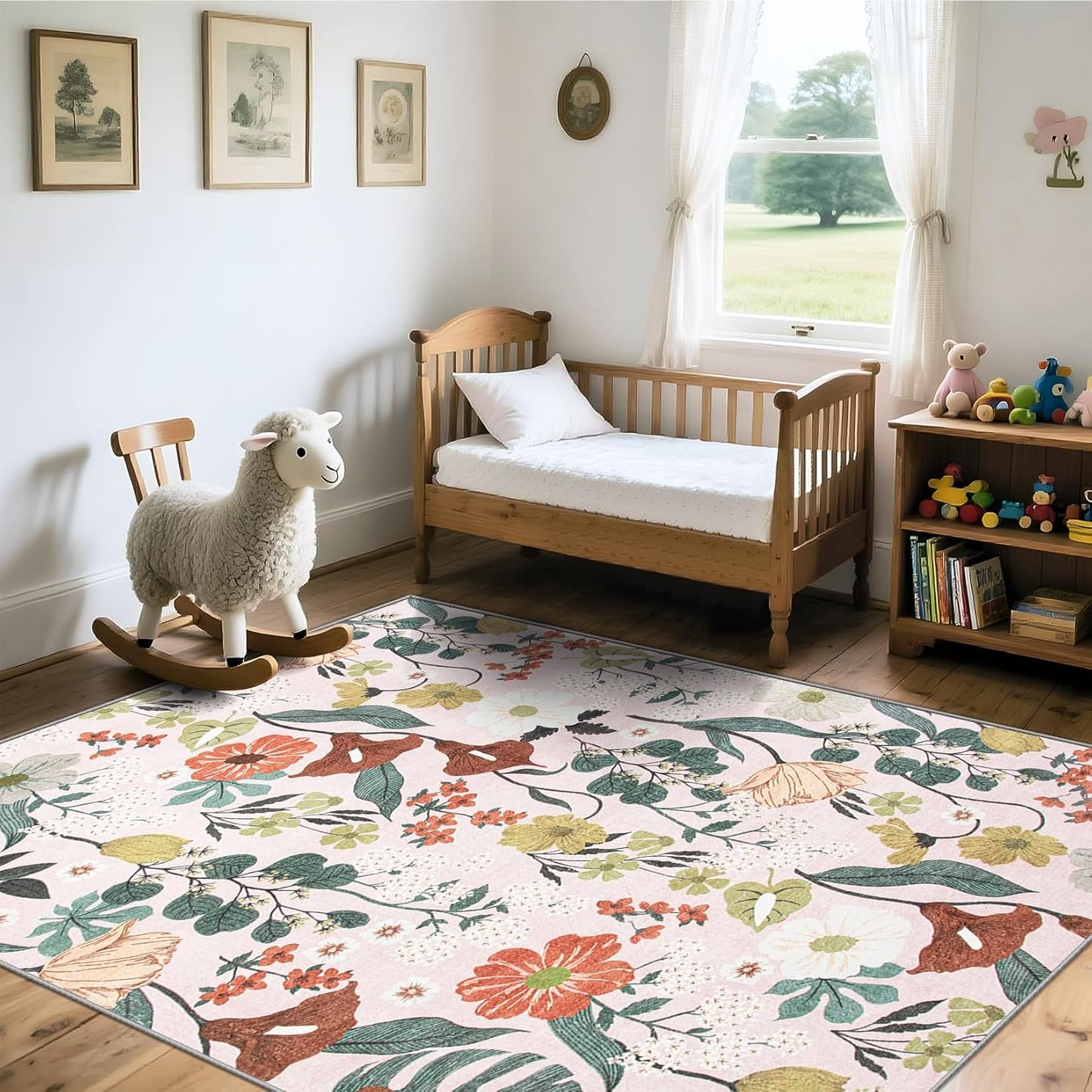 Area Rug Living Room Rugs: 6x9 Washable Rug Vintage Floral Soft Boho Non Slip Carpet Indoor Floor Non Shedding Low Pile Thin Carpets for Bedroom Dining Room Farmhouse Nursery Home Office Light Pink