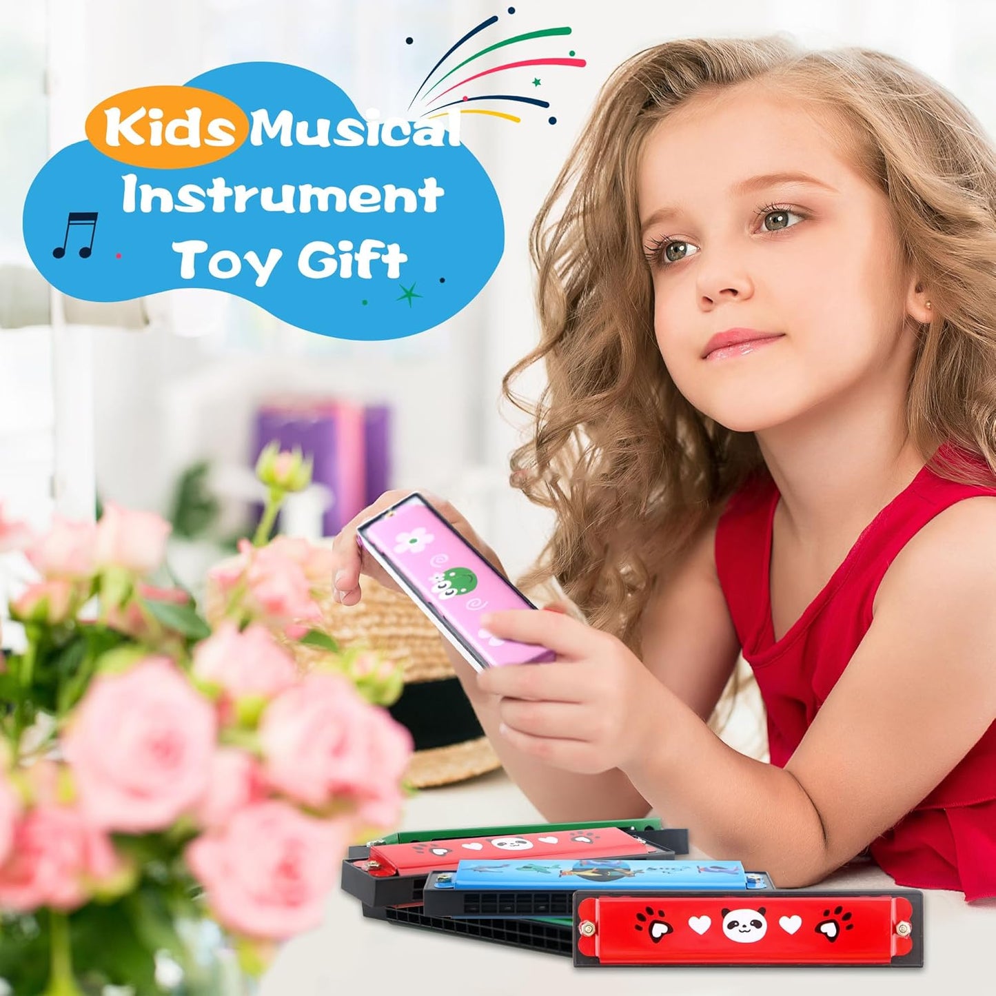 100 Pcs Kids Cartoon Harmonica Bulk 16 Holes Plastic Harmonica Toys for Children Beginners Party Goodie Bags Stuffers, Random Color Pattern