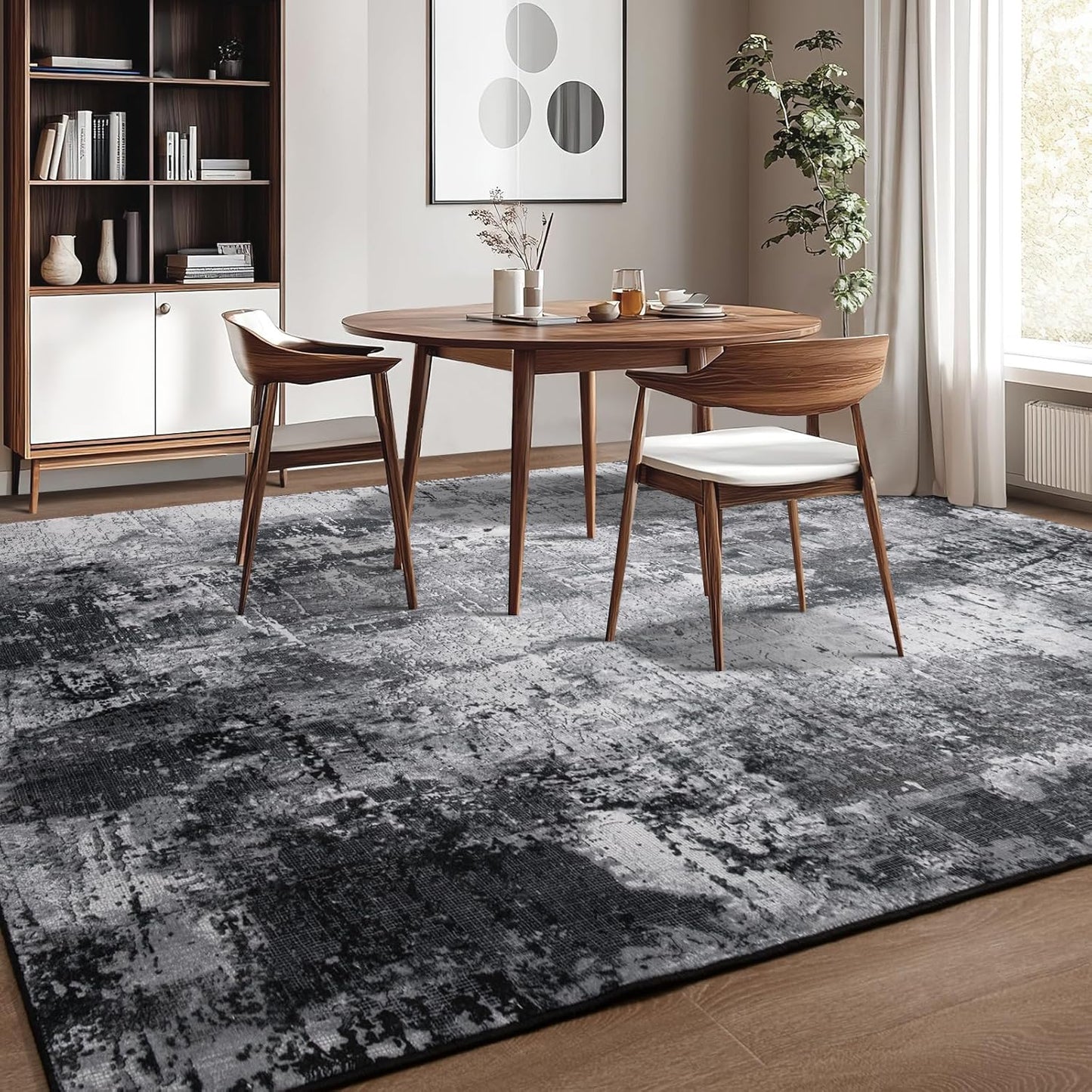Area Rug Living Room Rug, 5x7 Modern Abstract Washable Rug Black Non Slip Foldable Faux Wool Vintage Carpet, Fluffy Non-Shedding Rugs for Living Room, Bedroom, Dining Room, Kids Playroom