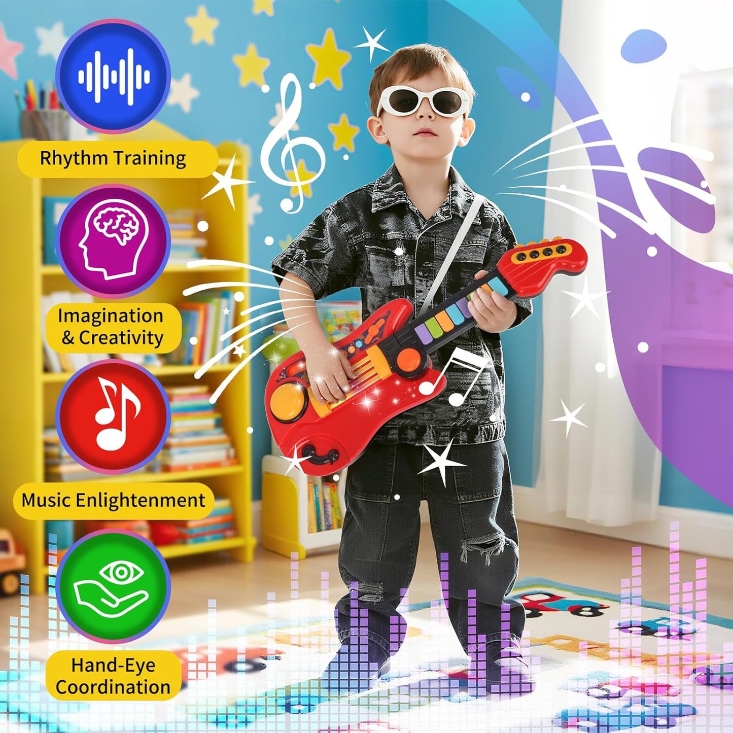 Kids Guitar Toy for 3 Year Old Boy Birthday Gift 2-in-1 Electric Guitars & Piano for Toddlers 2-4 Light Up Music Toys for 3 4 5 Year Old Boys Girls Gifts