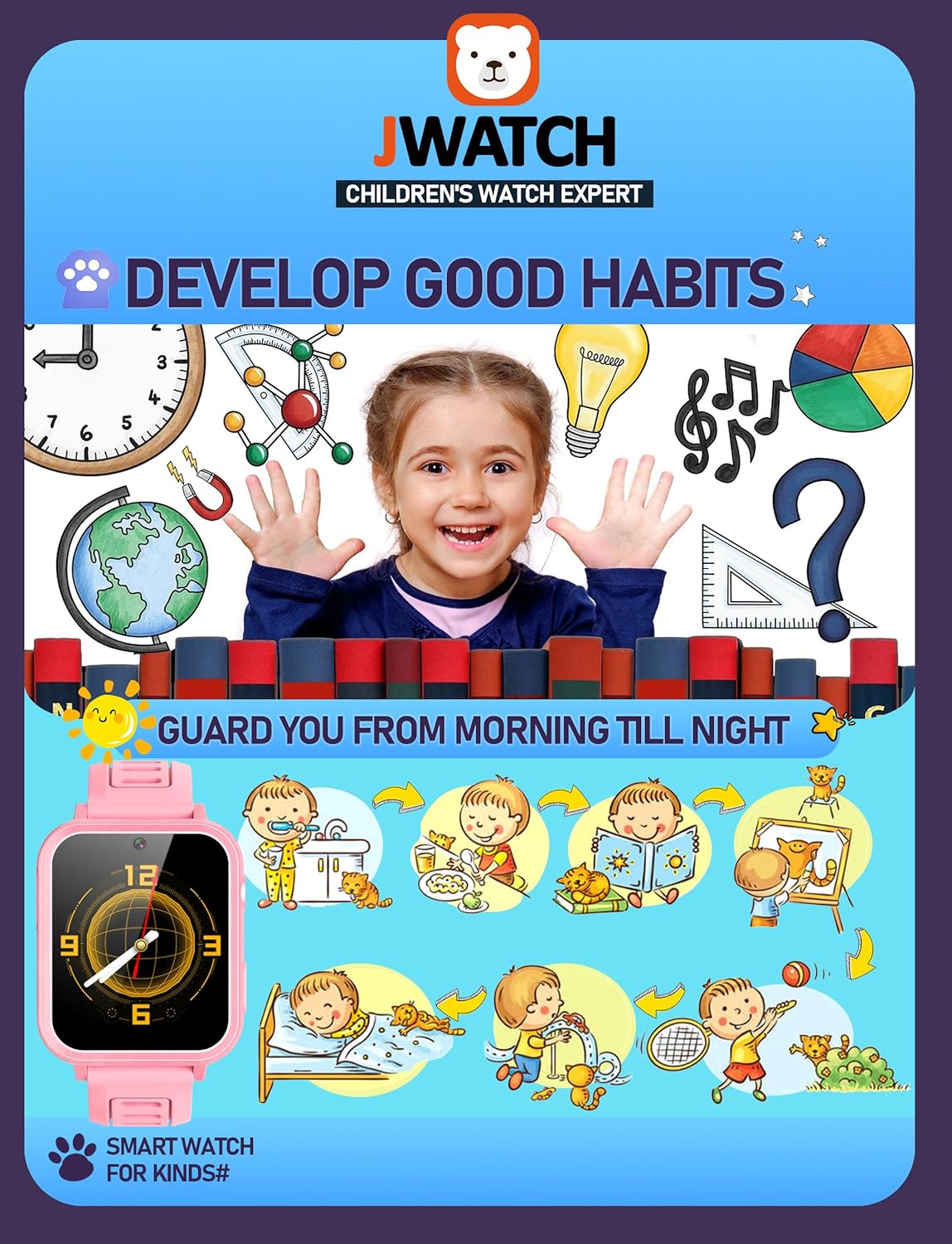 Kids Smart Watch for Boys Girls 6-12 with Pedometer Audio Book Camera Music Player Birthday Present Christmas (Pink