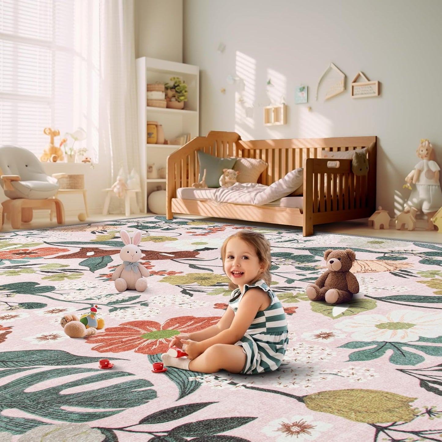 8x10 Area Rug for Living Room: Vintage Floral Washable Rug Soft Boho Non Slip Carpet Large Indoor Floor Non Shedding Low Pile Thin Carpets for Bedroom Dining Room Farmhouse Nursery Home Light Pink