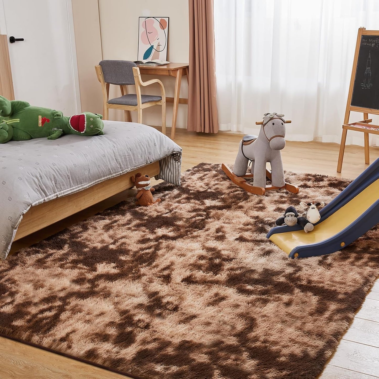 6x9 Area Rugs for Living Room, Fluffy Shaggy Bedroom Rug Indoor Carpet, Anti-Skid Soft High Pile Rug for Nursery, Kids Room, Bedside, Home Decoration, Tie-Dyed Brown