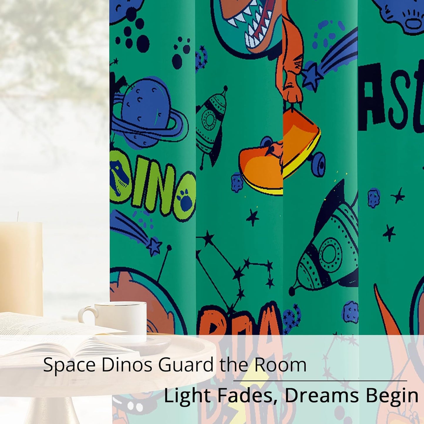 Kids Space Dinosaur Blackout Curtains - 100% Blackout, Thermal Insulated, Noise Reducing, Perfect for Kids Room and Nursery, 2 Panels (Roar Power Dino, W52×L84)