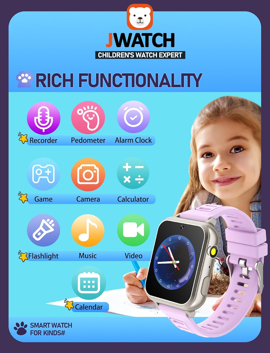 Kids Smart Watch for Boys Girls 6-12 with Pedometer Audio Book Camera Music Player Birthday Present Christmas (Silver Frame Purple)……