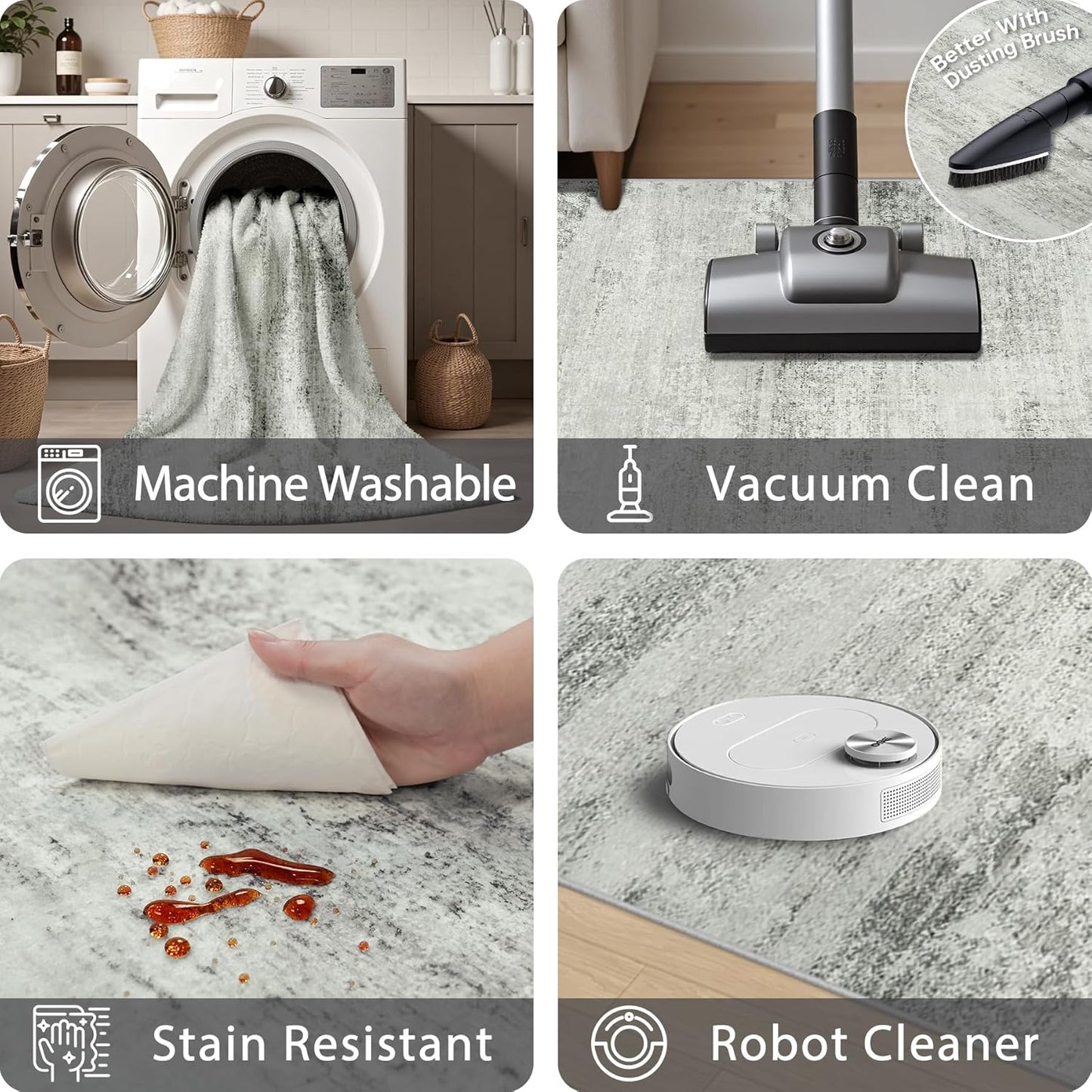 Area Rug 9x12 Washable Rugs: Abstract Large Living Room Rugs with Non-Slip Backing, Thin Carpet for Dining Room Table Bedroom Nursery Indoor Home Office-Gray