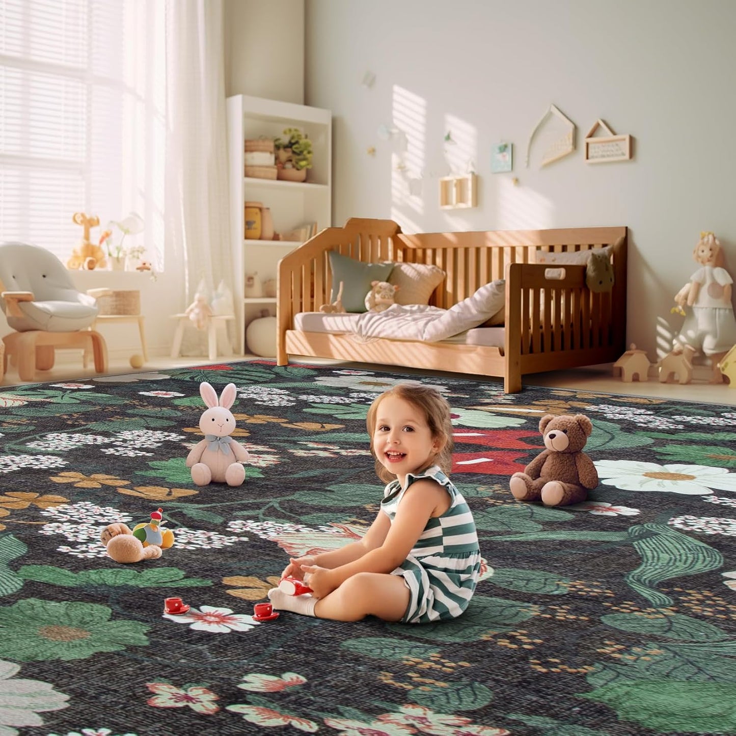 9x12 Area Rug for Living Room: Vintage Floral Washable Rug Soft Boho Non Slip Carpet Large Indoor Floor Non Shedding Low Pile Thin Carpets for Bedroom Dining Room Farmhouse Nursery Home Office Green