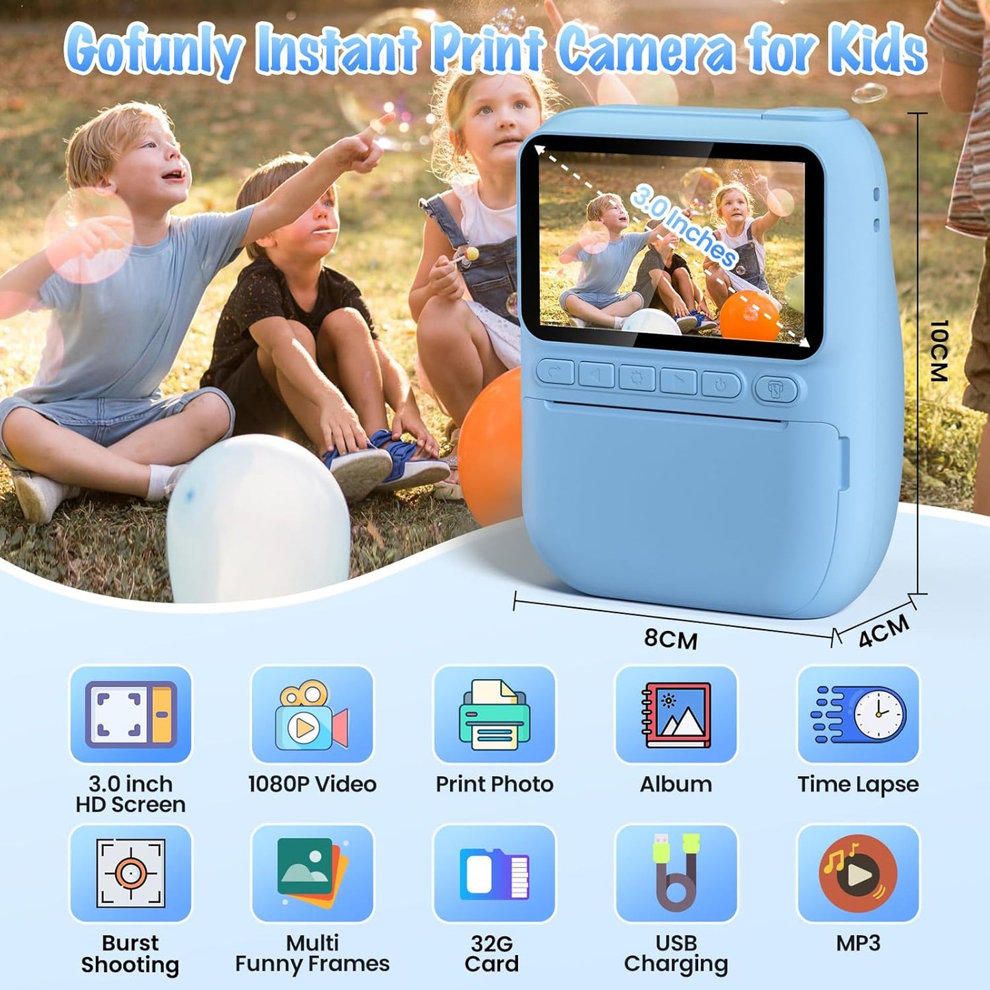 Kids Camera Instant Print, 3.0" HD 32MP Birthday Gifts for 3-12 Year Old Girls Boys, 1080P Digital Camera for Toddler Children, Portable Toy with 32GB SD Card-Blue