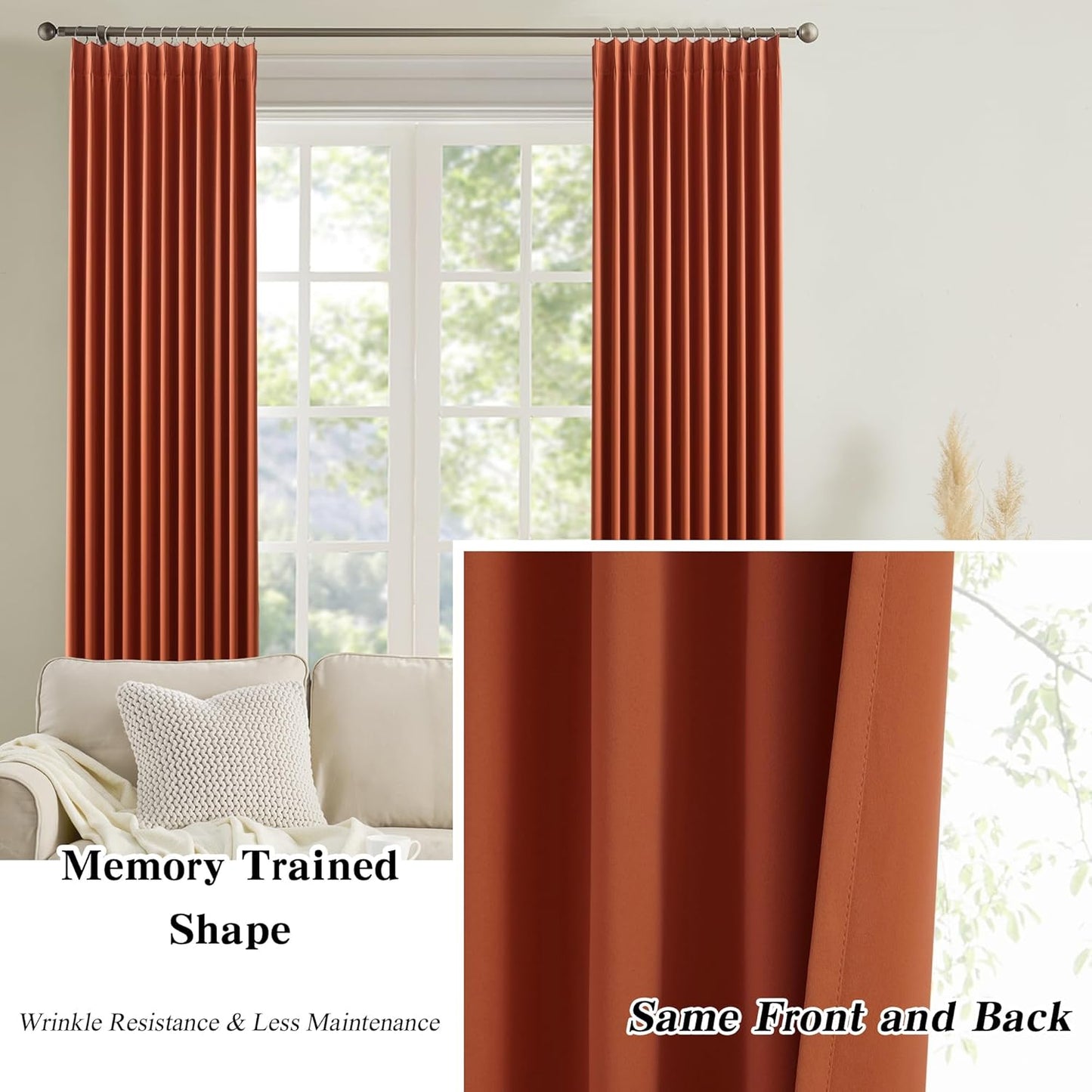 KEQIAOSUOCAI 96 Inch Copper Burnt Orange Blackout Curtains for Living Room 2 Panels Sets,Pinch Pleat with Hooks, Thermal Pleated Window Drapes Boho Rustic 70s Curtain for Bedroom W40 x L96