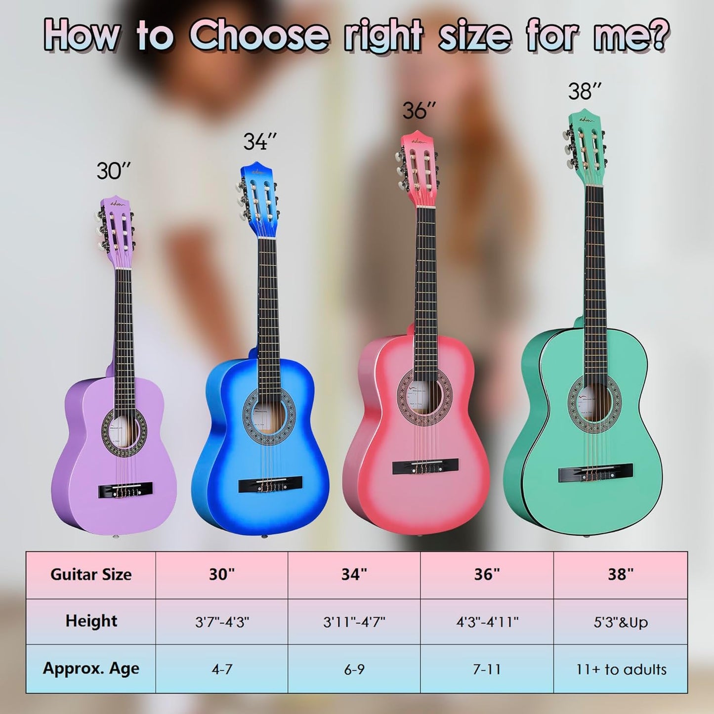 ADM Beginner Acoustic Classical Guitar 30 Inch Nylon Strings Wooden Guitar Bundle Kit for Kid Boy Girl Student Youth Guitarra Online Lessons with Gig Bag, Strap, Tuner, Strings, Picks, Purple
