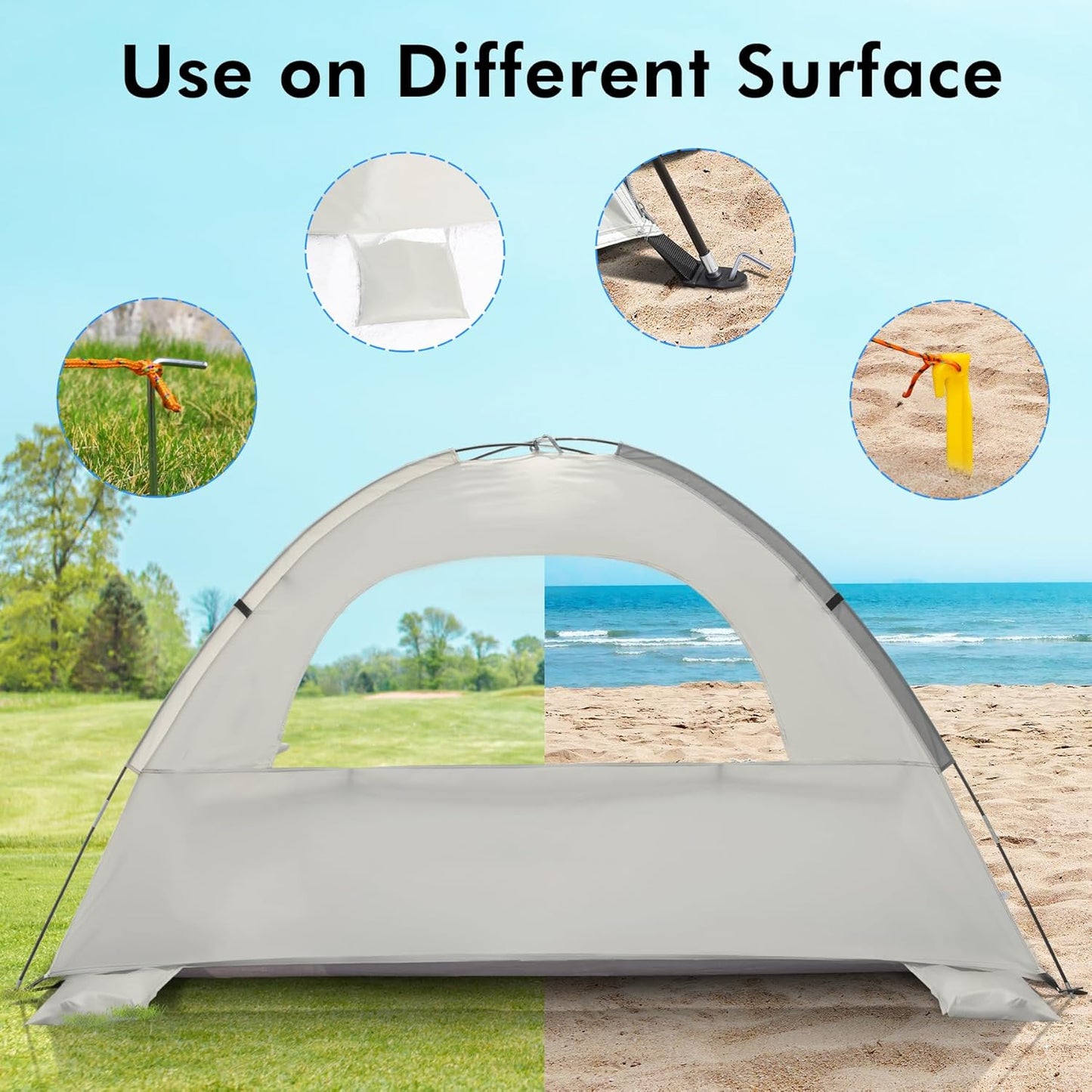 WhiteFang Beach Tent Anti-UV Portable Sun Shade Shelter for 3/4/6/8 Person, Extendable Floor with 3 Ventilating Mesh Windows Plus Carrying Bag, Stakes and Guy Lines