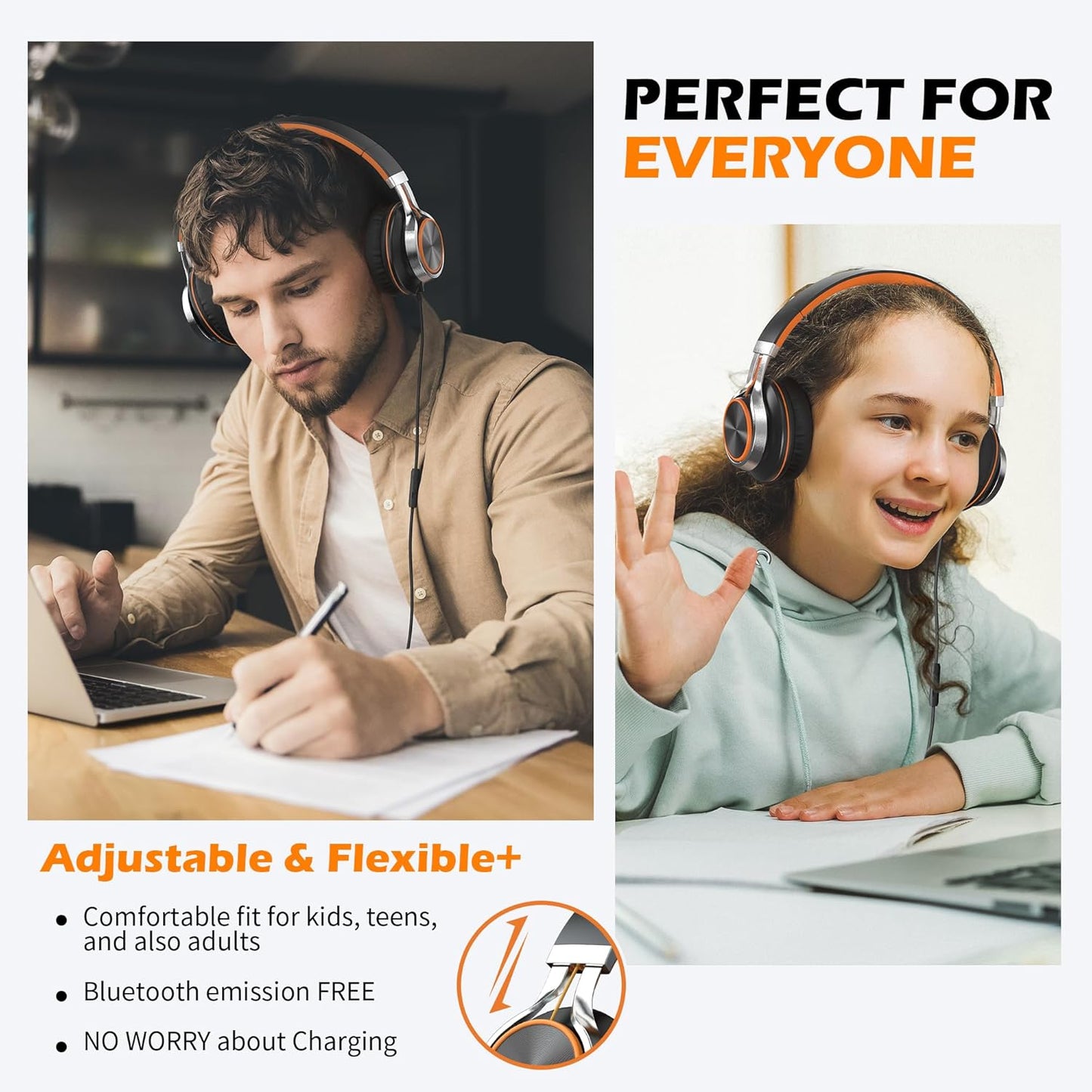 Kids Headphones, Headphones Wired with Microphone and Volume Control Folding Stereo Corded On-Ear 3.5mm Headset for Boys Girl Cellphones Tablets Chromebook Laptop Computer (Black/Orange)