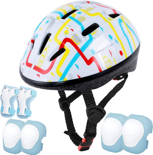 Kids Helmet Adjustable for Kids Ages 3-8 Years Old Boys Girls, Toddler Helmet with Protective Sports Gear Set Knee Elbow Pads Wrist Guards for Cycling Skateboard Scooter