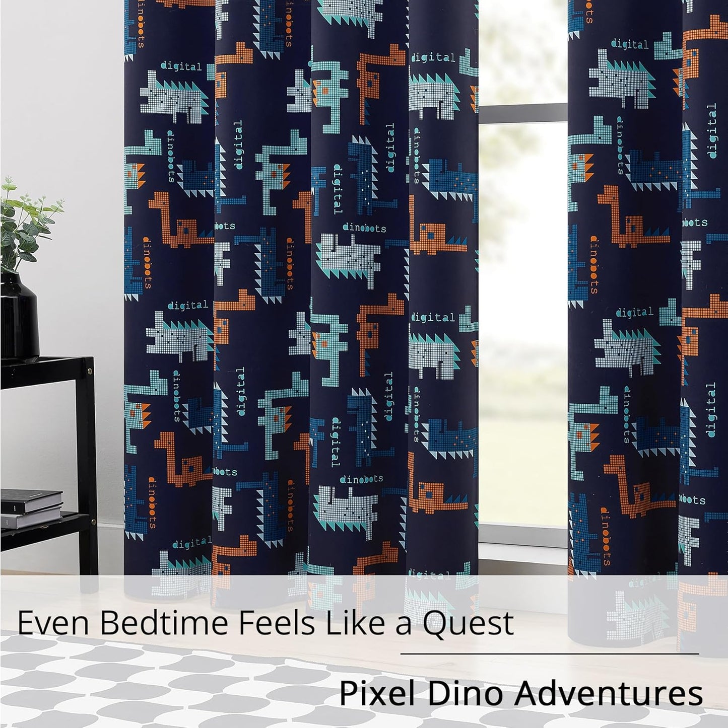 Kids Blackout Curtains - Pixel Dinosaur Curtains, 100% Blackout, 2 Panels, Each W52×L63, Thermal Insulated, Noise Reducing for Kids Bedroom, Bring a Playful and Retro Touch to Your Child’s Room