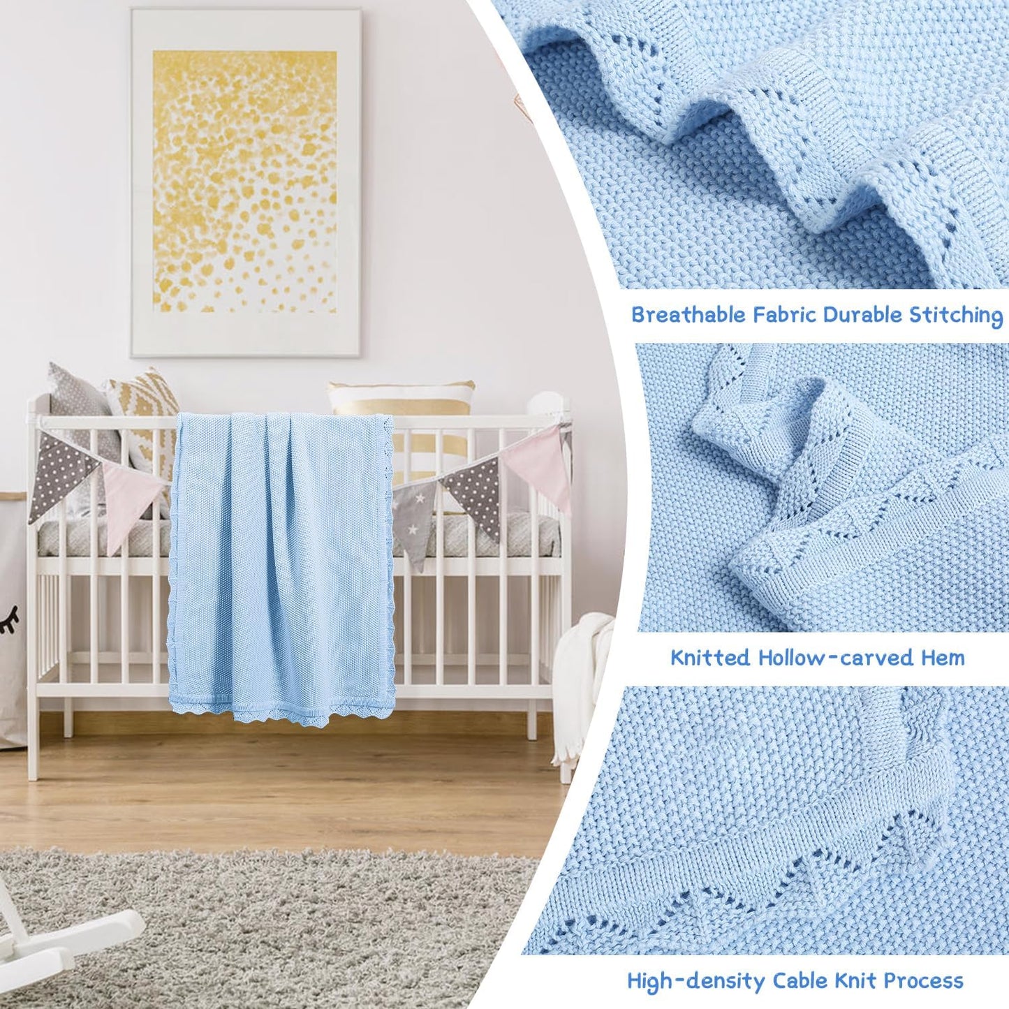 100% Cotton Baby Blanket Knit Lace Soft Warm Toddler Blanket,30 x 40 Inches,Sky Blue