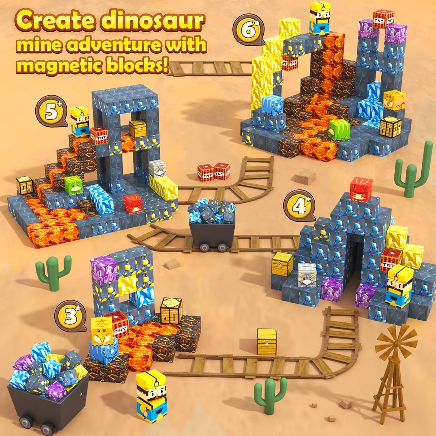 100PCS Magnetic Blocks-Build Mine Magnet World Jurassic Sword Dinosaur Toys Building Blocks for Boys Girls Ages 3-5 5-7, Classroom Must Haves Stem Education Sensory Kids Toys Christmas Birthday Gifts