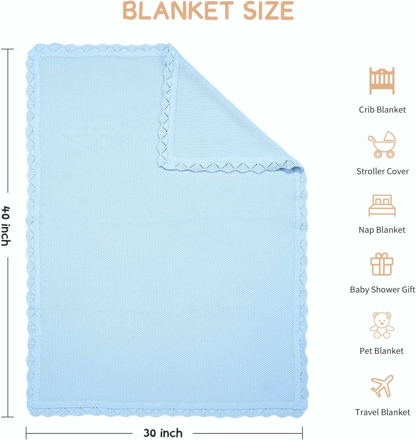 100% Cotton Baby Blanket Knit Lace Soft Warm Toddler Blanket,30 x 40 Inches,Sky Blue
