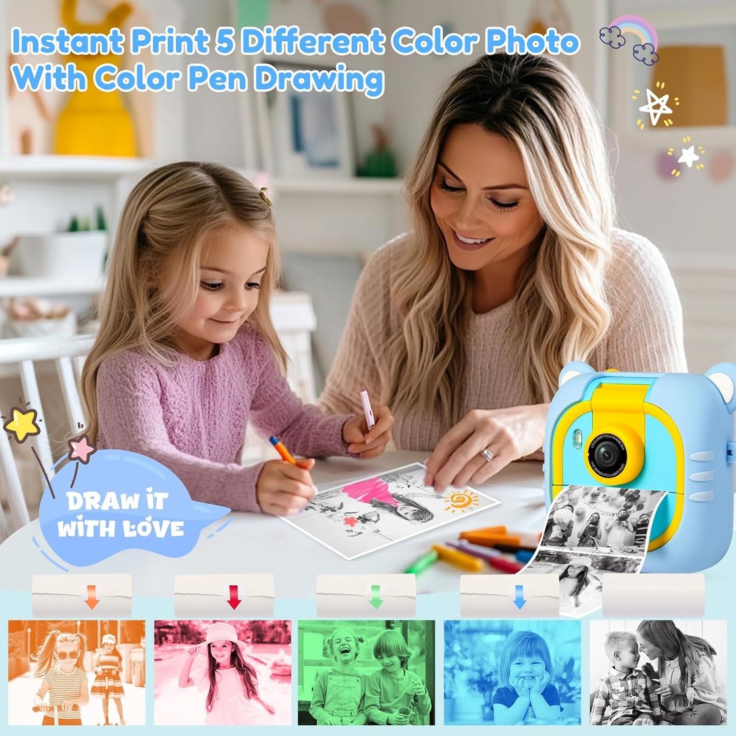 Kids Camera Instant Print, 7 Print Paper (4 Color: O/R/G/B+3 B&W), 2.4" Screen Instant Camera for Kids Ages 3-12,1080P, 180°Flip Lens,32GB Card- Christmas Birthday Present for Boys & Girls,M2
