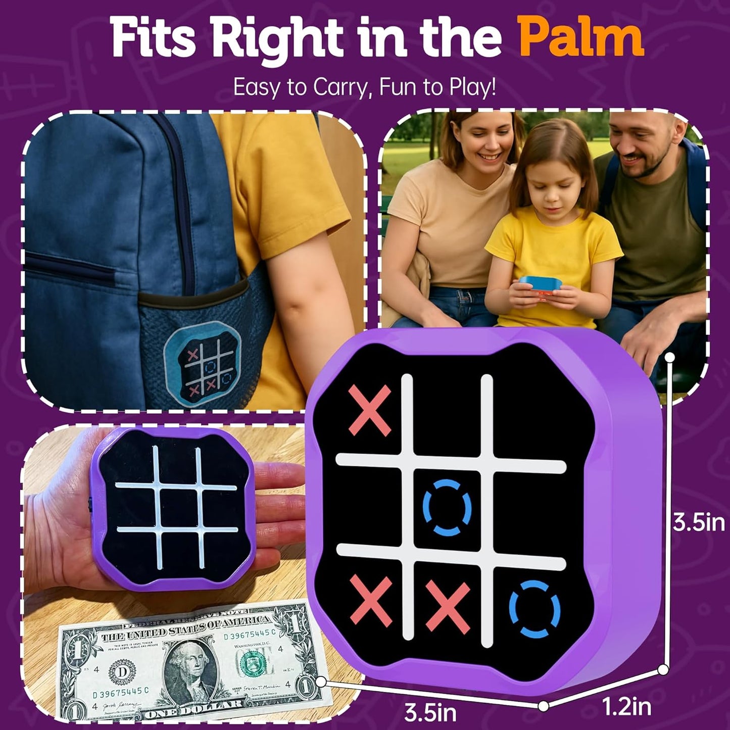 3 in 1 Electronic Tic Tac Toe Game, Handheld Digital Tic Tac Toe Bolt Game with Silent Mode, Portable Learing Toy Gift for Kids & Adults, Purple(One Pack)